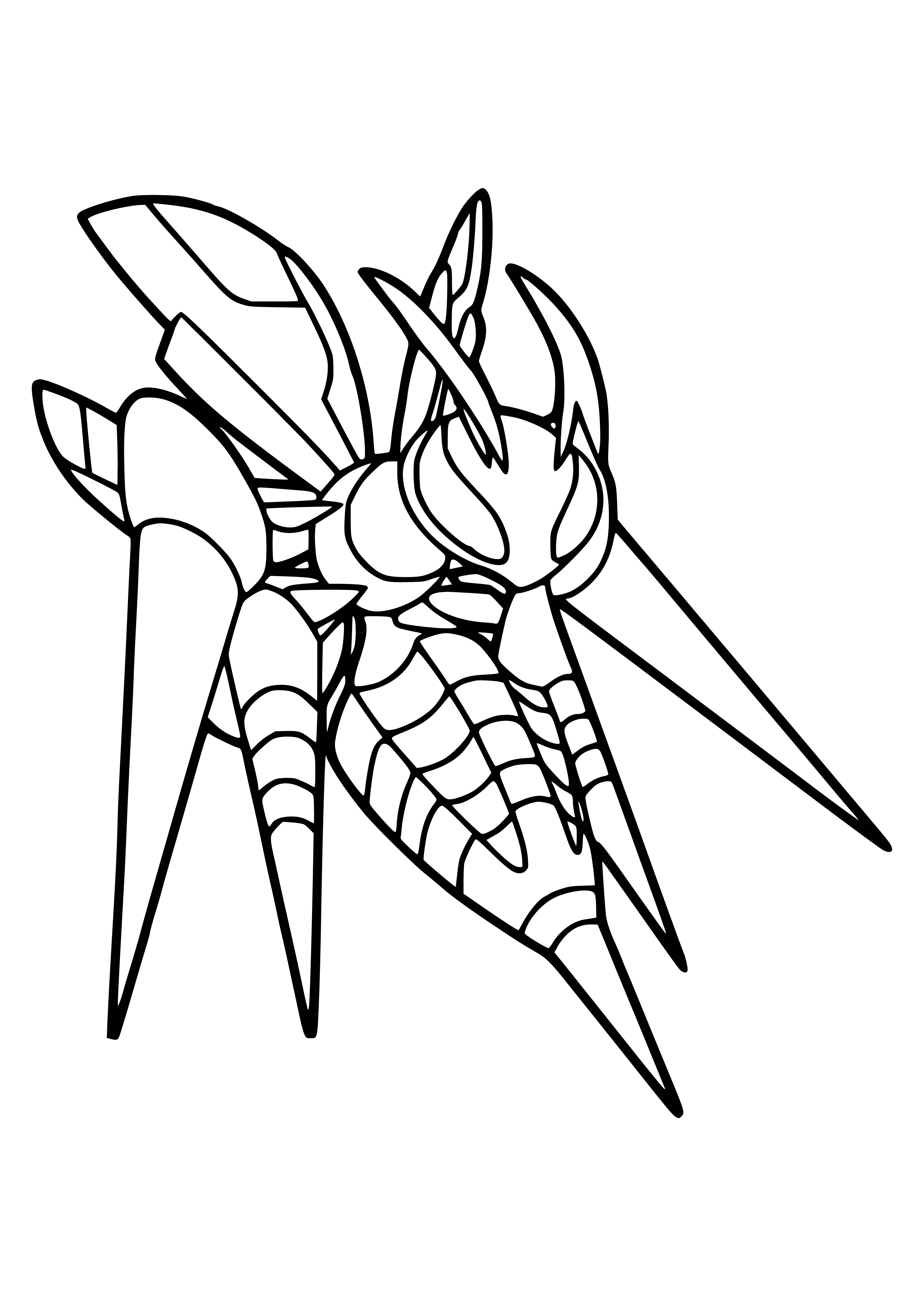 coloring page: A Beedrill Mega Evolved with two large and two small stingers, black abdomen, yellow/black stripes and large black wings with spots. Legs black with yellow stripes. #Pokemon