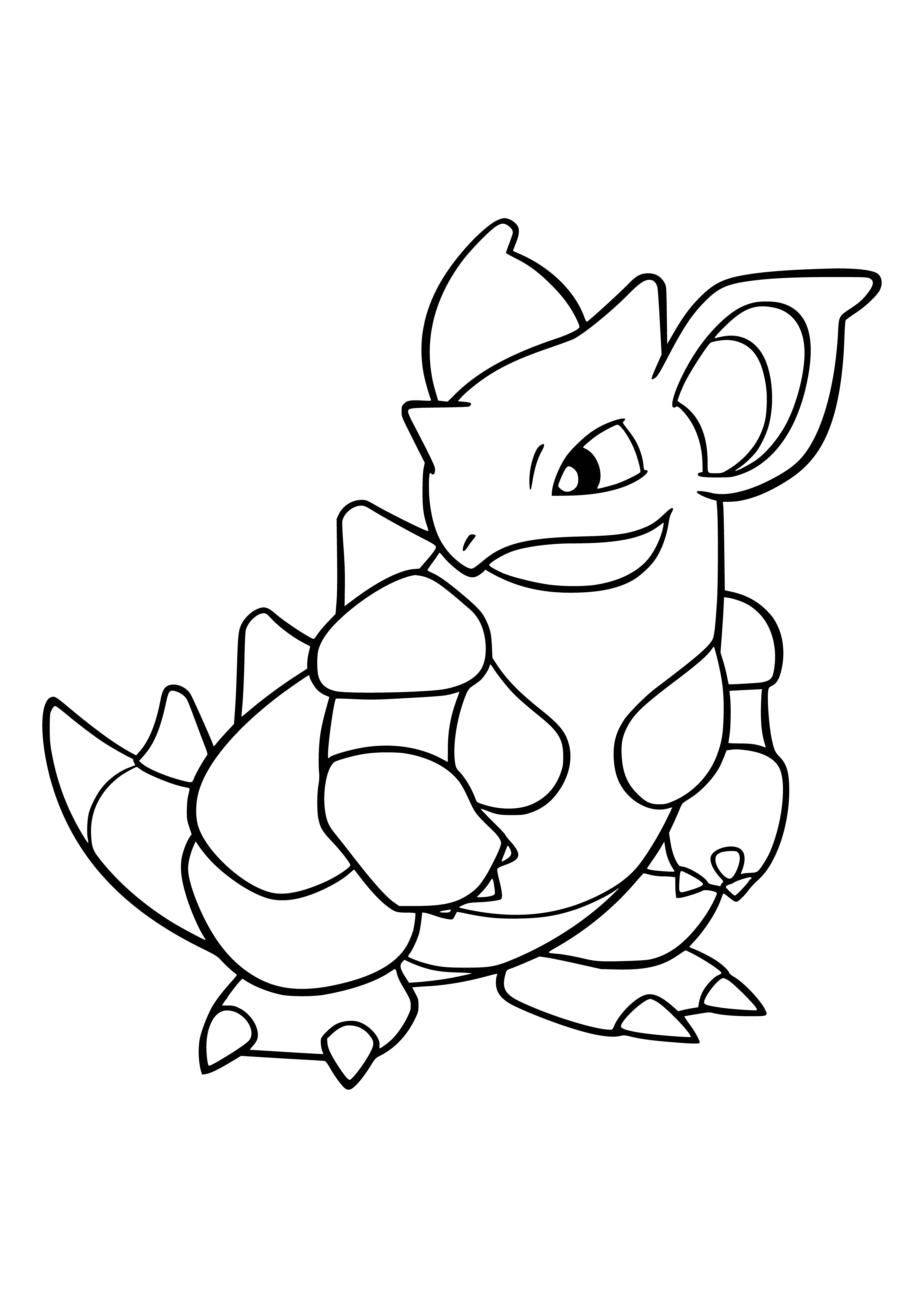 coloring page: Blue lizard-like Pokémon w/ rounded body, white underside, horn, 3 red spines, whiplike tail, and 4 short legs w/clawed toes.