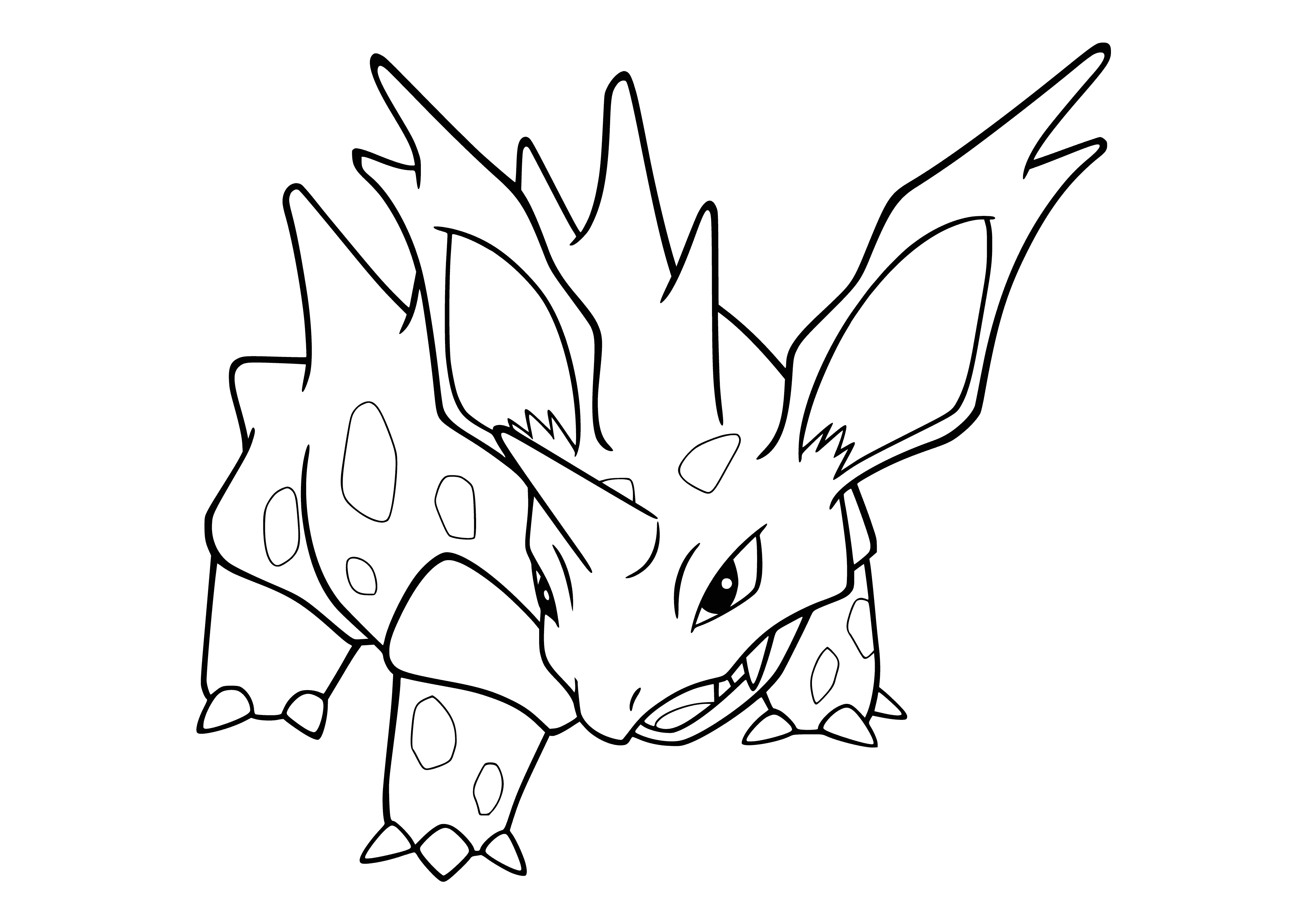 coloring page: Blue, spiky pokémon w/ red eyes, large horn & small triangular teeth. #Pokemon #Legendary
