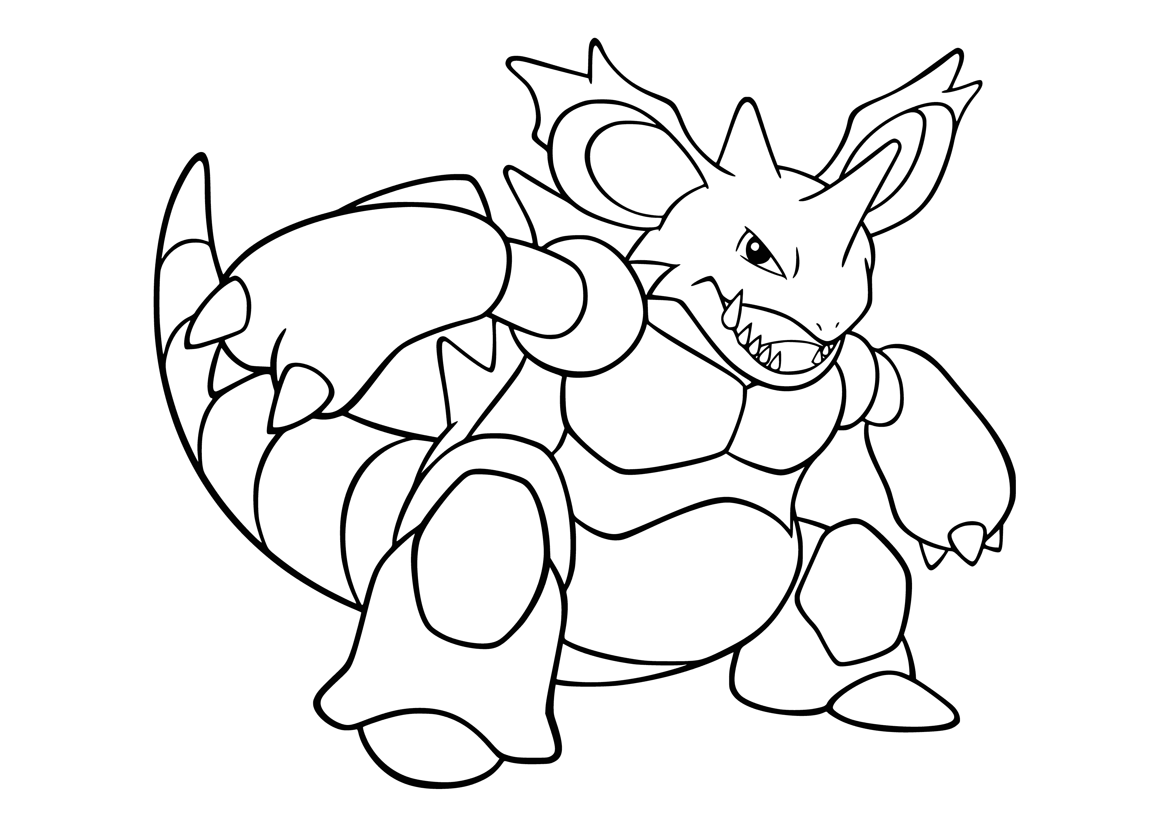 coloring page: Nidoking is a Poison/Ground-type Pokemon. Evolved from Nidorino, it has a blue body w/ spots, red eyes, curved horn, sharp claws, & a long tail.