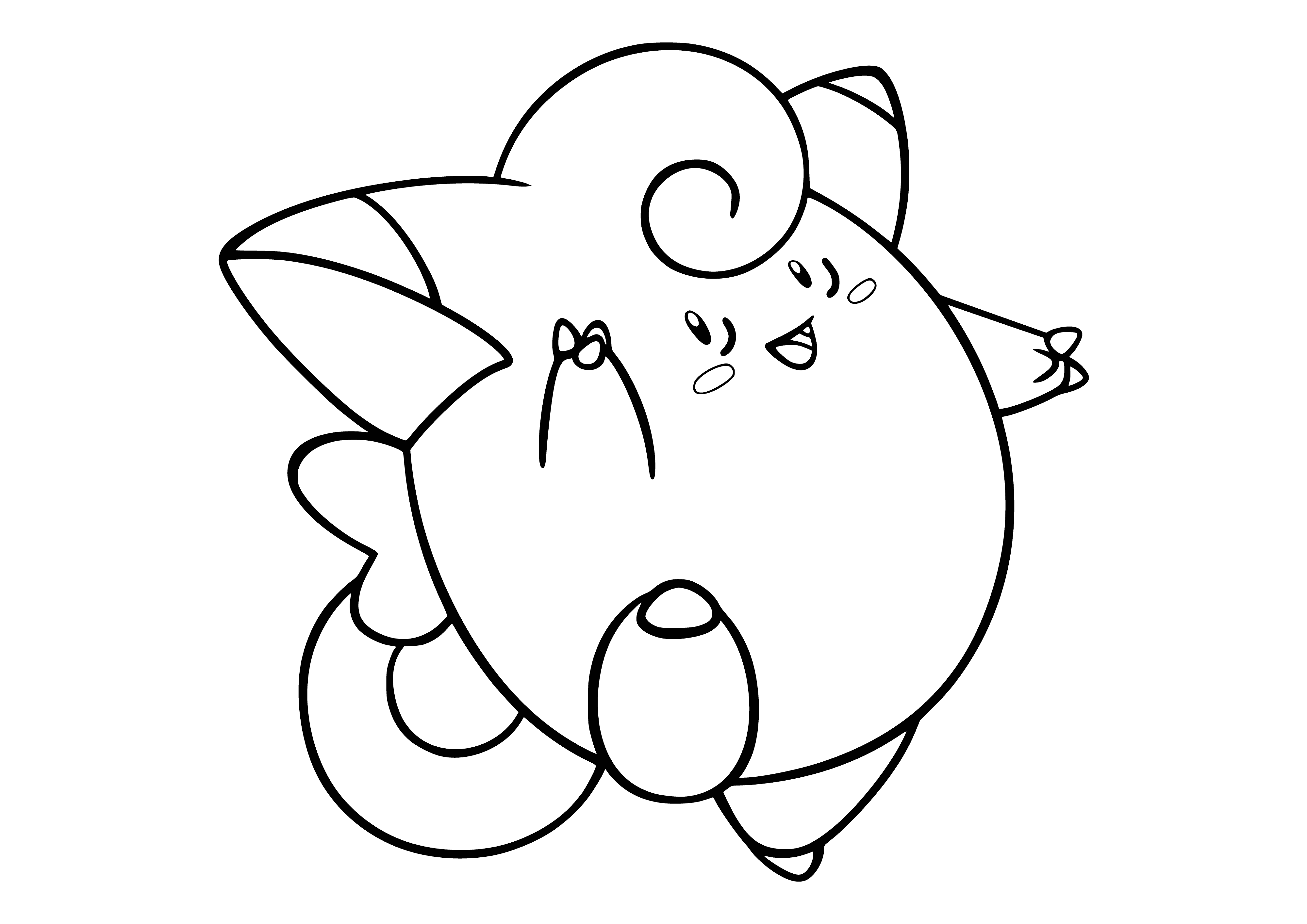 coloring page: Small, fluffy creature w/round ears, white body, & pink spots. Big head, small legs & arms. Looks gentle & benign.