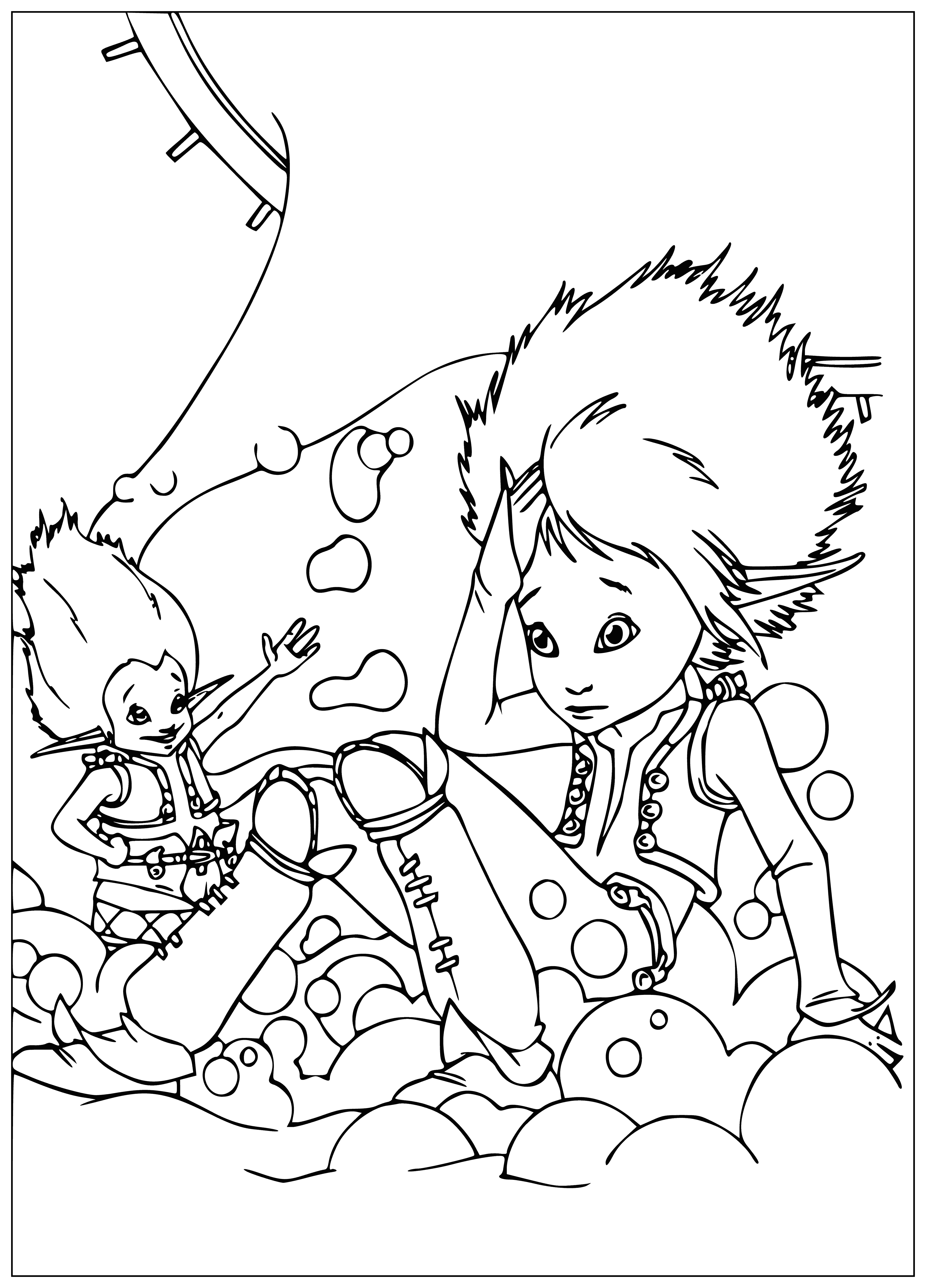 coloring page: Two characters in an underground cavern. Arthur, a boy, looks tired, and Barakhlyush, a green creature, helps him. #colorpage #tired #help