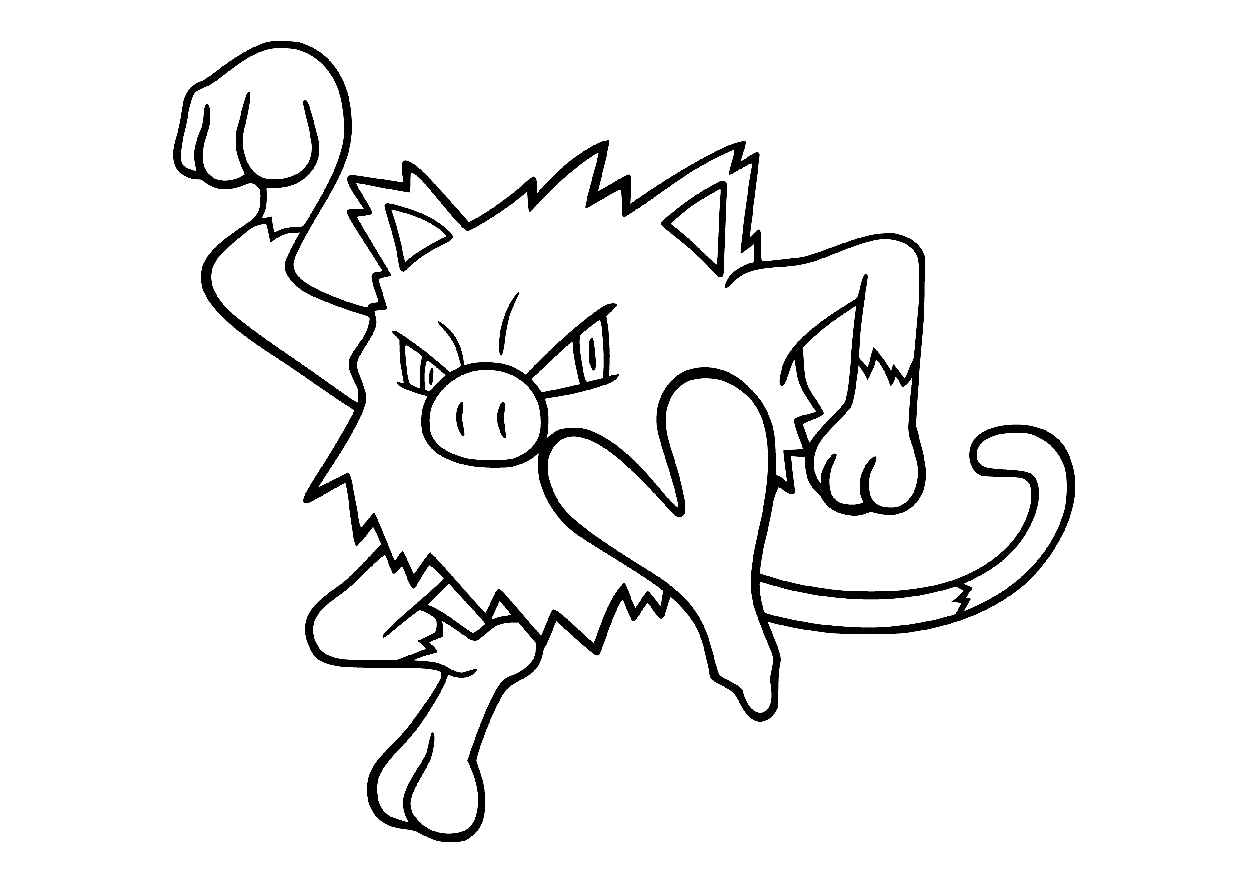 coloring page: Large, red ape-like Pokémon w/ black fur on head & lower body, white fur & long, thin tail w/ black tip. Muscular arms & legs, 3 toes on each foot. Short snout & 3 whiskers on each side, black eyes.