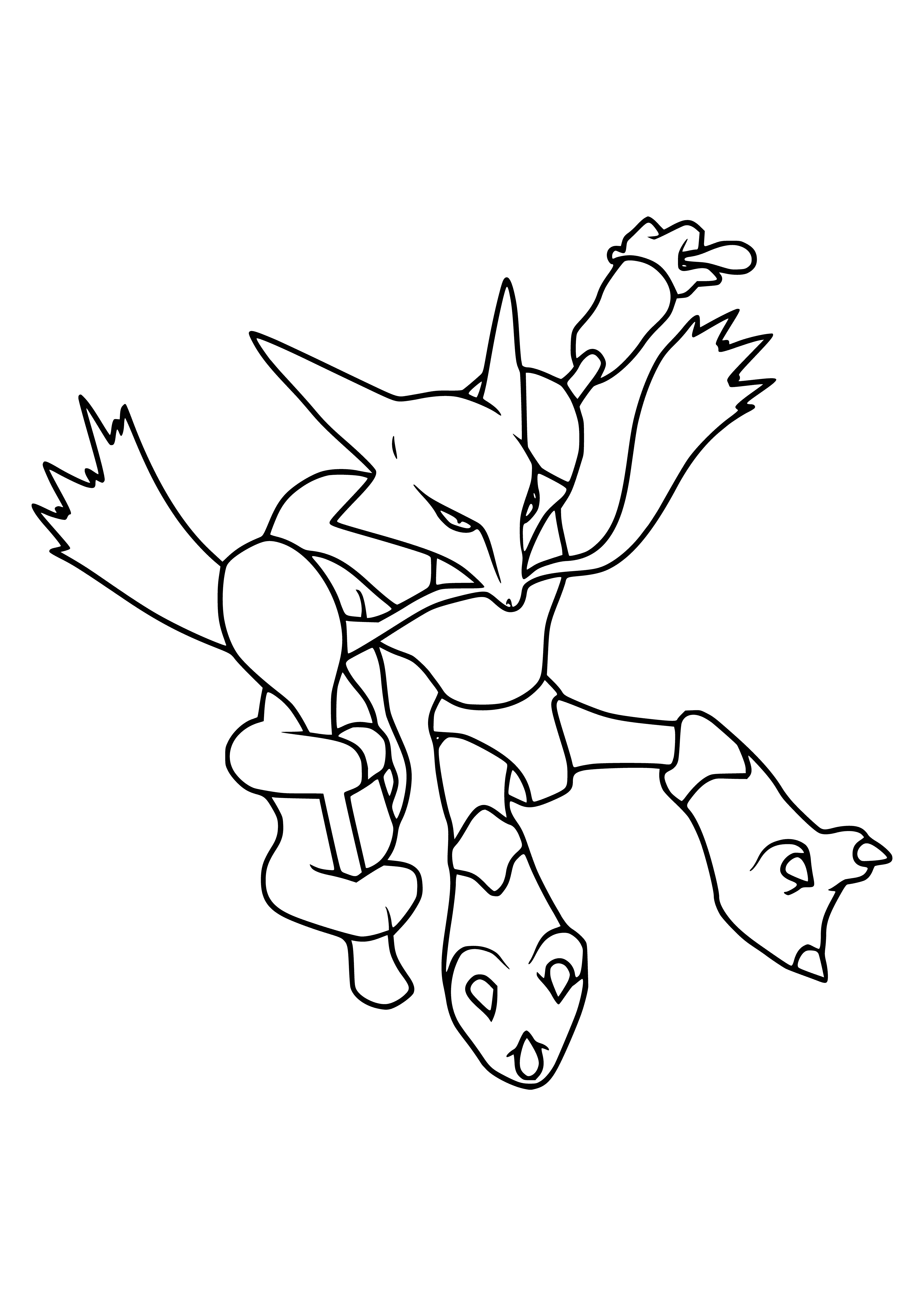coloring page: Alakazam is a white Psychic-type Pokemon. It has a large head, big eyes, and a four slender limbs. It has a black stripe running down its back and a large crest on its head.