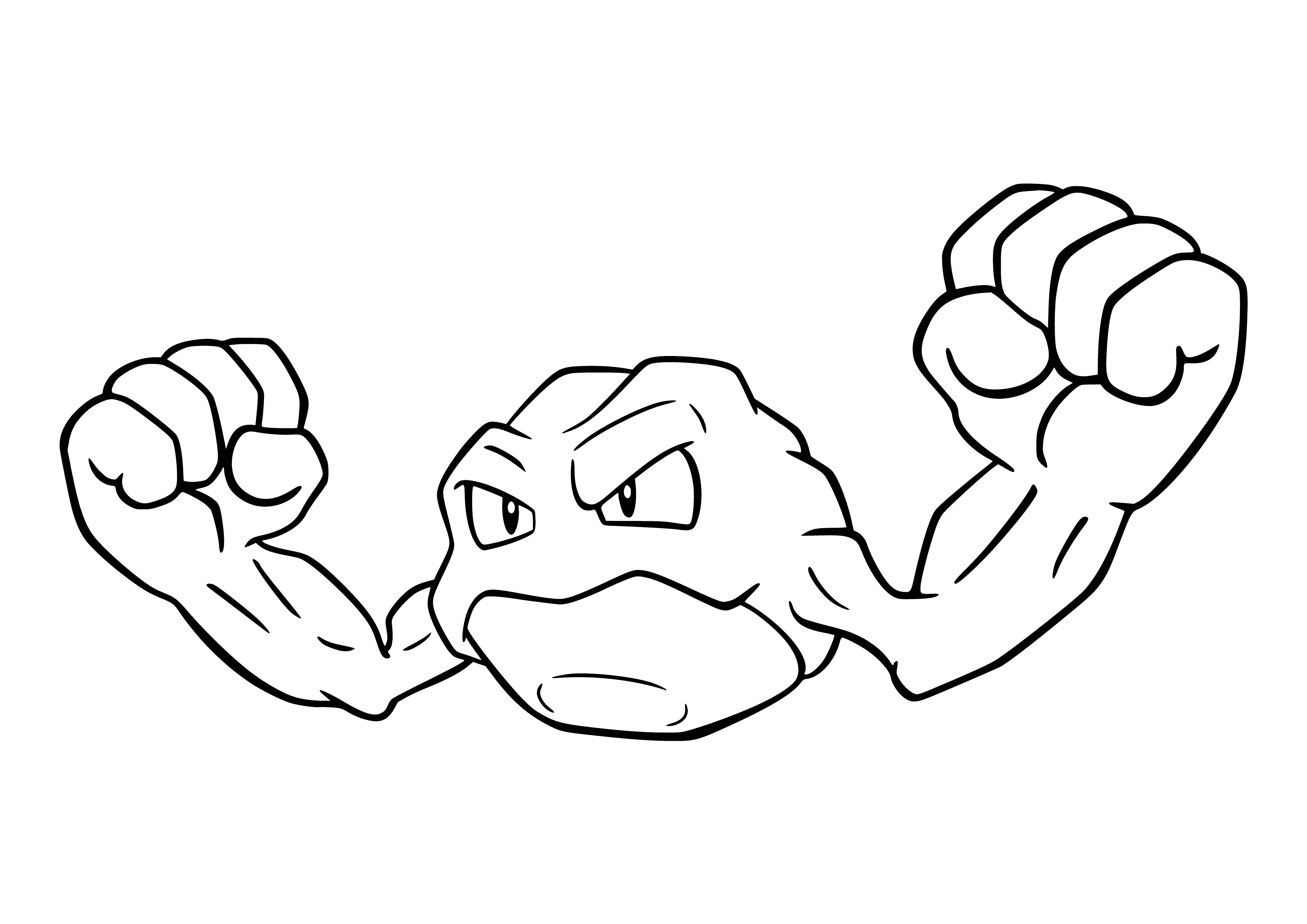 coloring page: Small, brown Pokemon looks like a rock: 2 arms, 2 legs, black eyes, black line on its back.