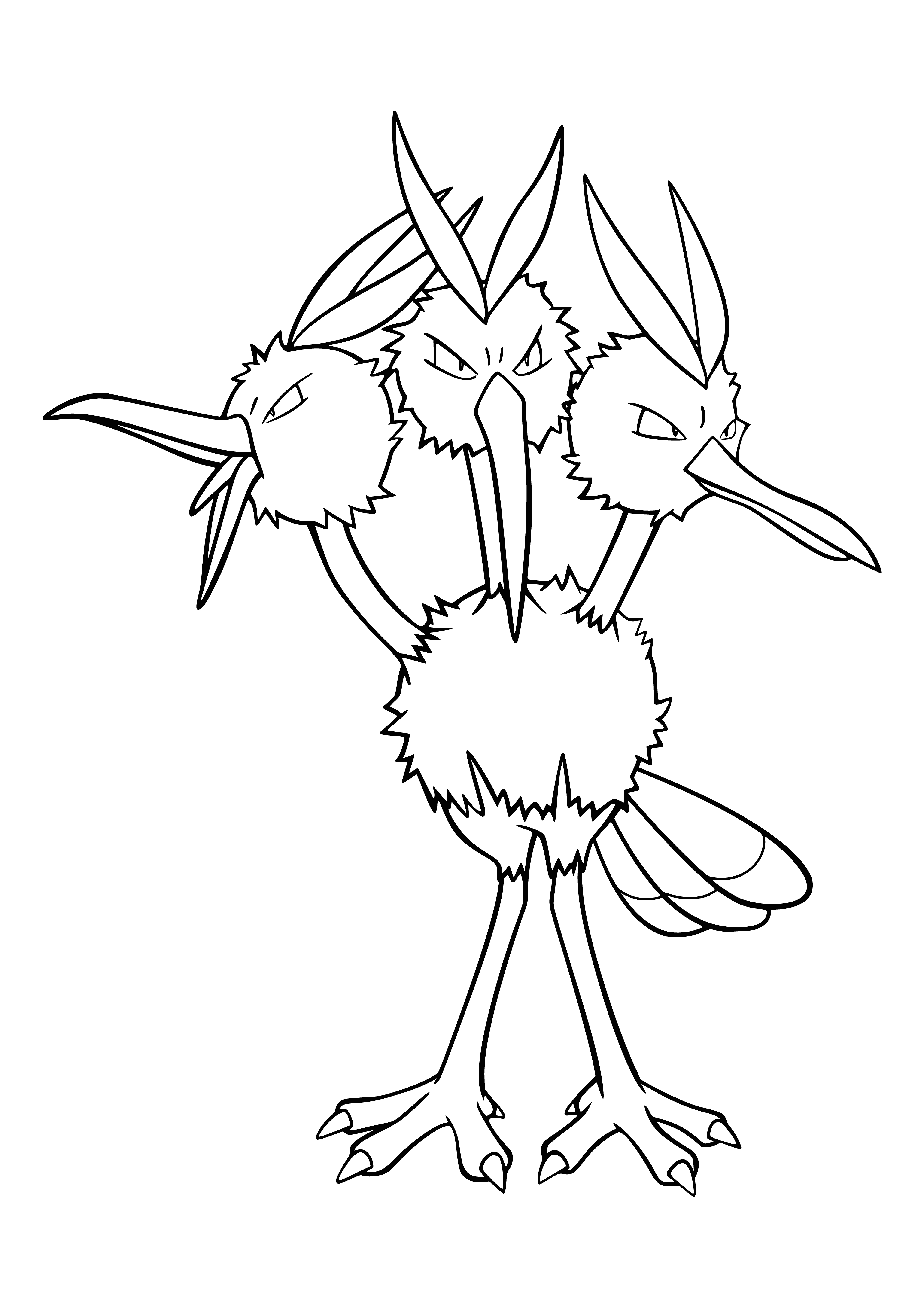 coloring page: Big, blue and white bird Pokémon with three round, red eyes and long, thin beak with white feathers with black tips. Has long, thin legs with three toes on each foot.