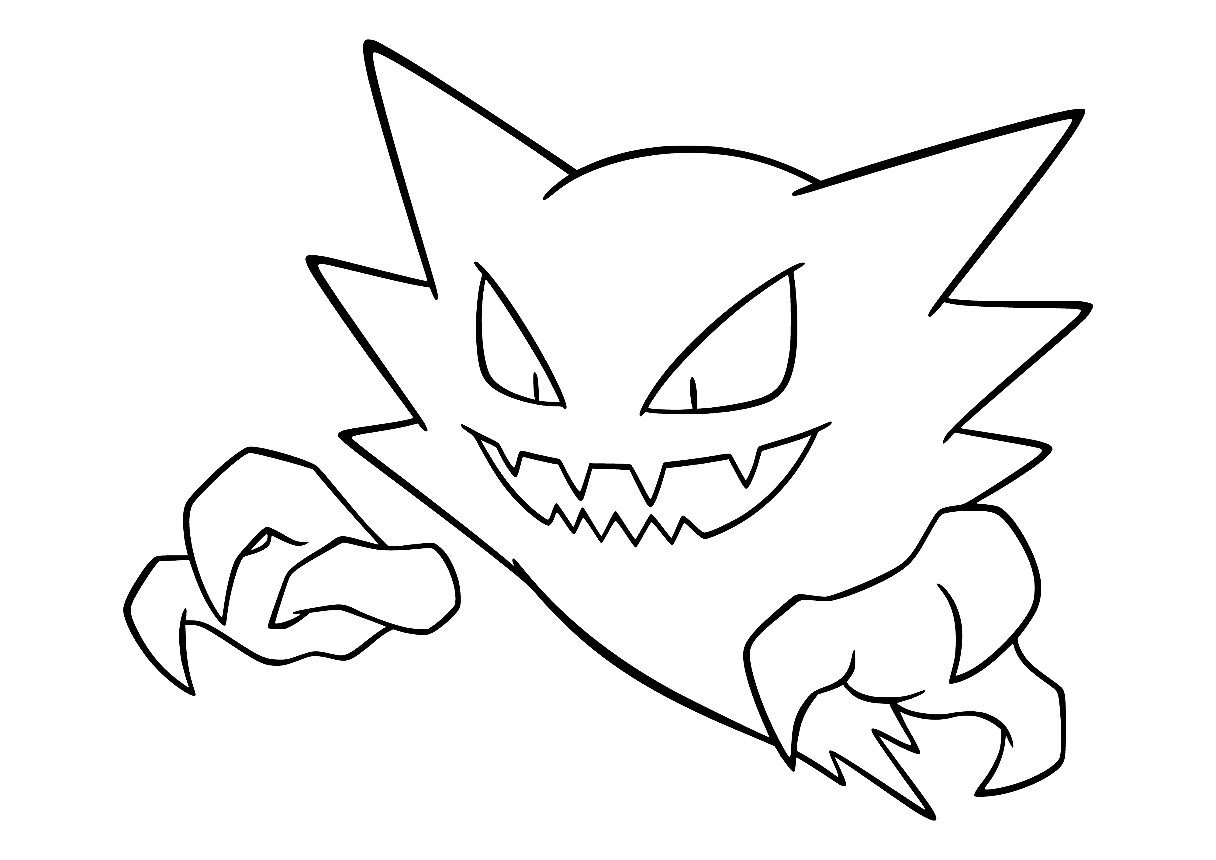 coloring page: Ghost-type Pokemon Haunter evolves into Gengar. Its features include a large mouth, red eyes, and claw-like fingers.