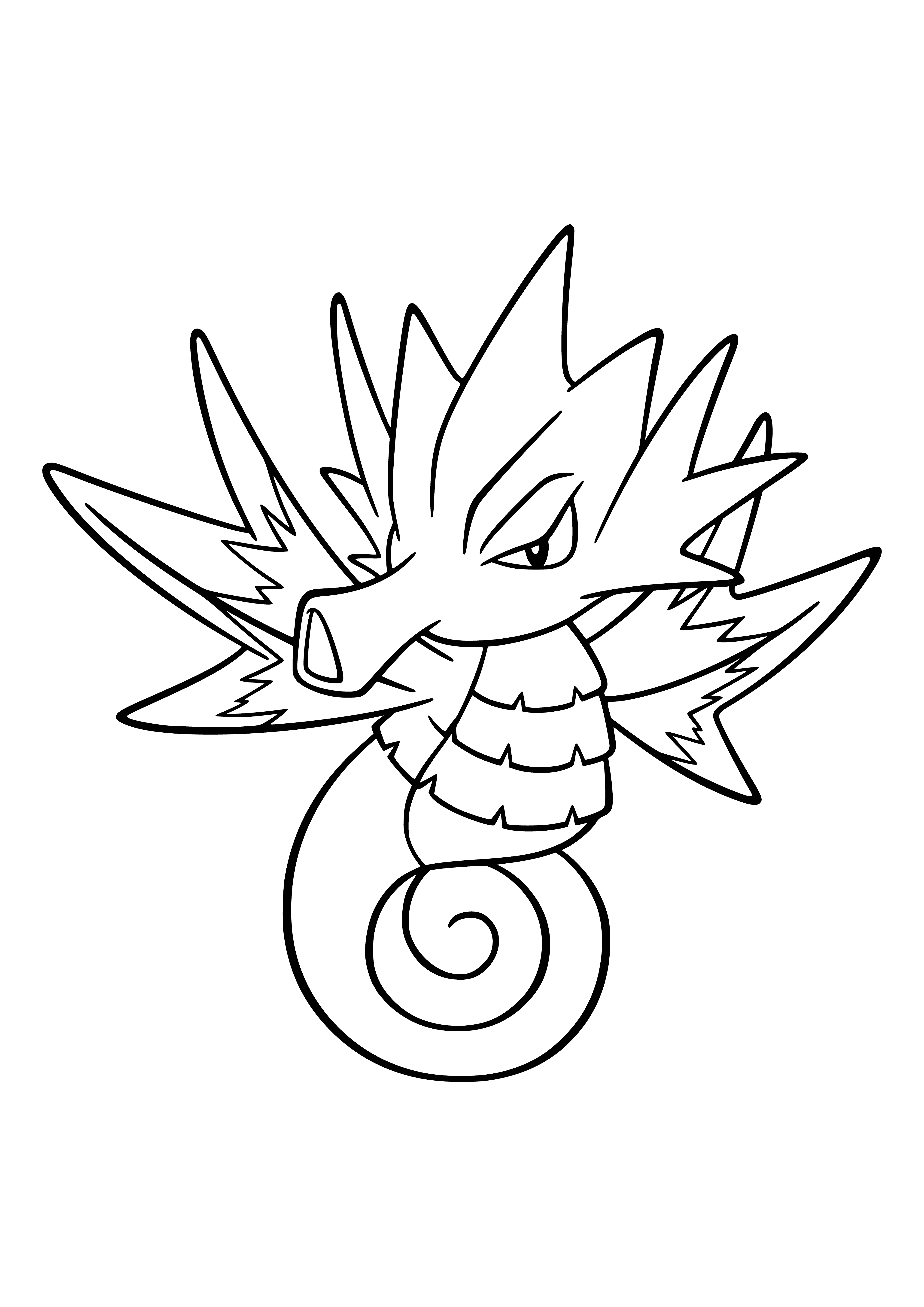 coloring page: Sidra is a majestic blue Pokemon, powerful with the ability to control water. Has long fins, tail & horn, and deep blue eyes.