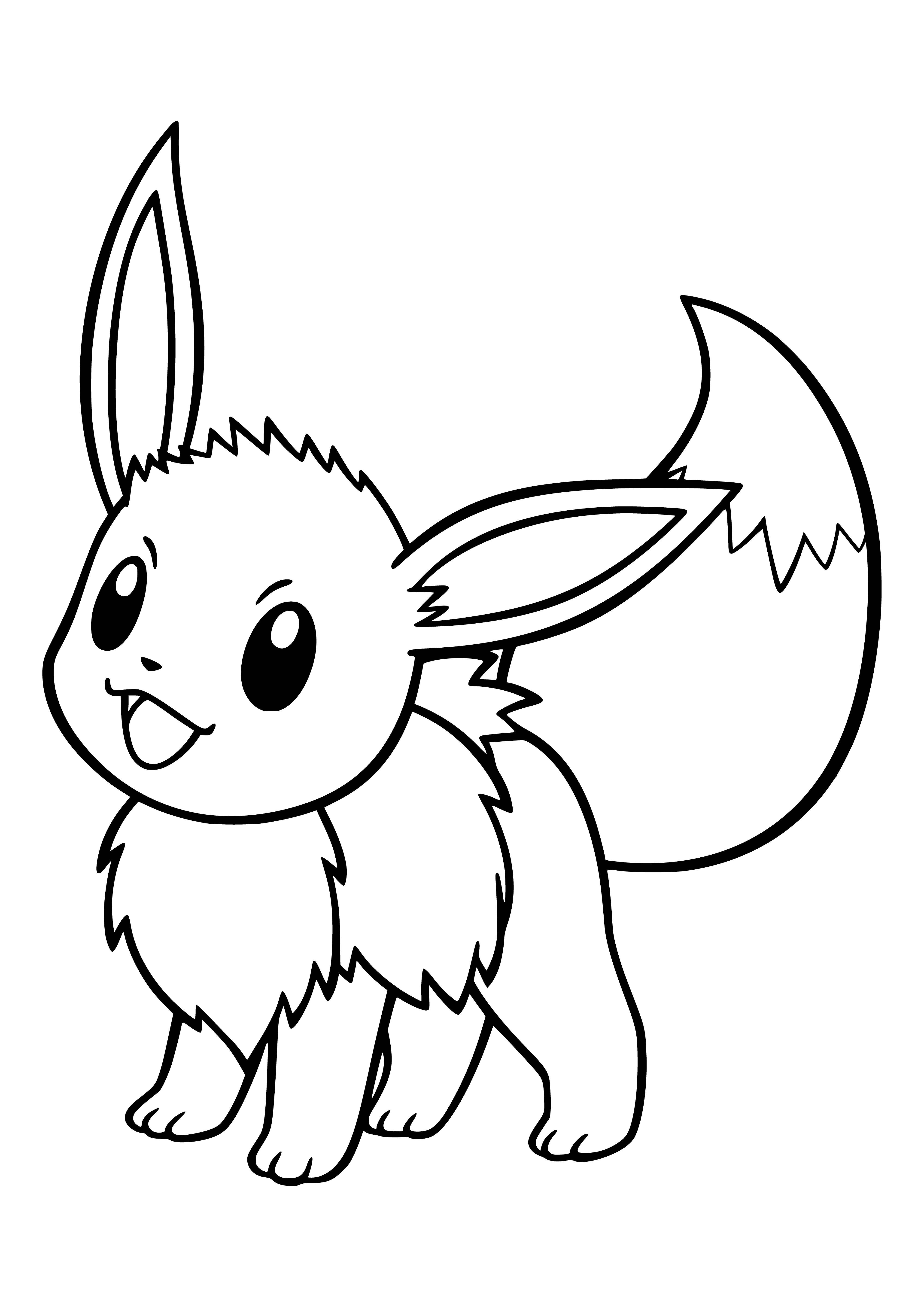 coloring page: Cute and furry Pokémon, Eevee has big round eyes, small black nose, 3-toed paws, and cream-colored ruff.