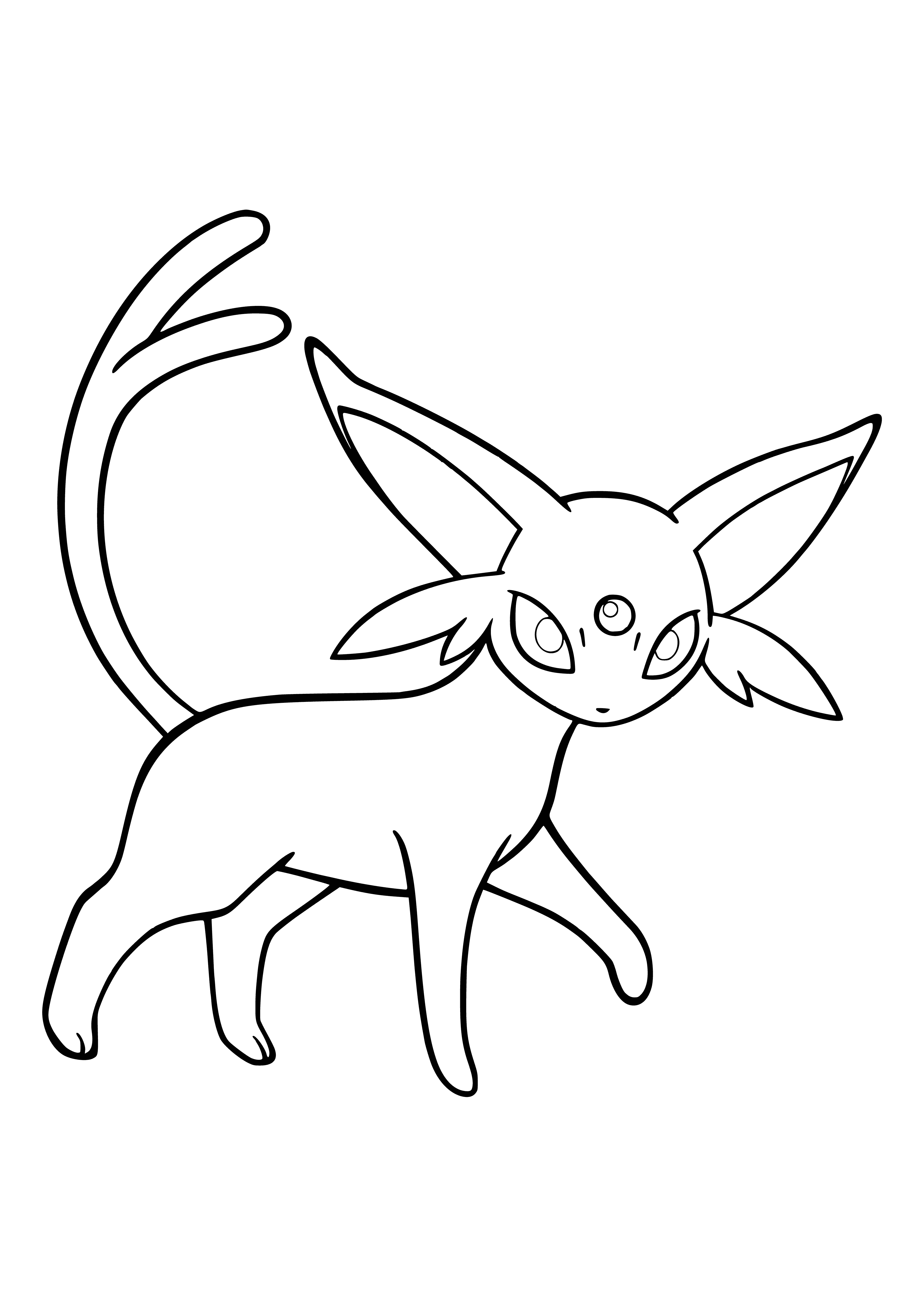 coloring page: Espeon is a graceful Psychic Pokemon w/ fur as soft as velvet & crimson eyes. It can read the future & is loyal & protective to its trainer.