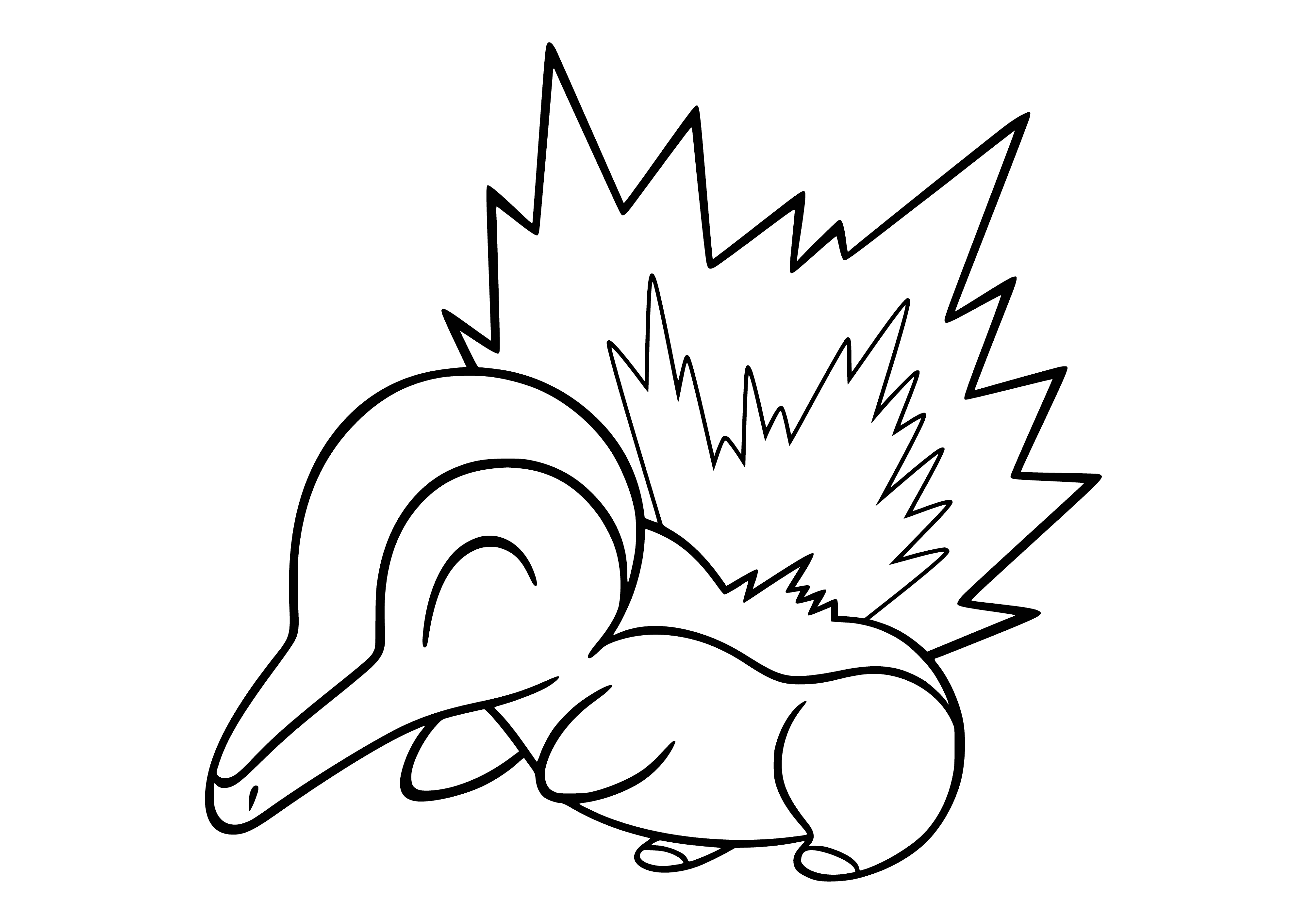 coloring page: Small, friendly Pokémon with yellow/orange fur, big tuft on head, black tail w/ orange tuft, & big black eyes.