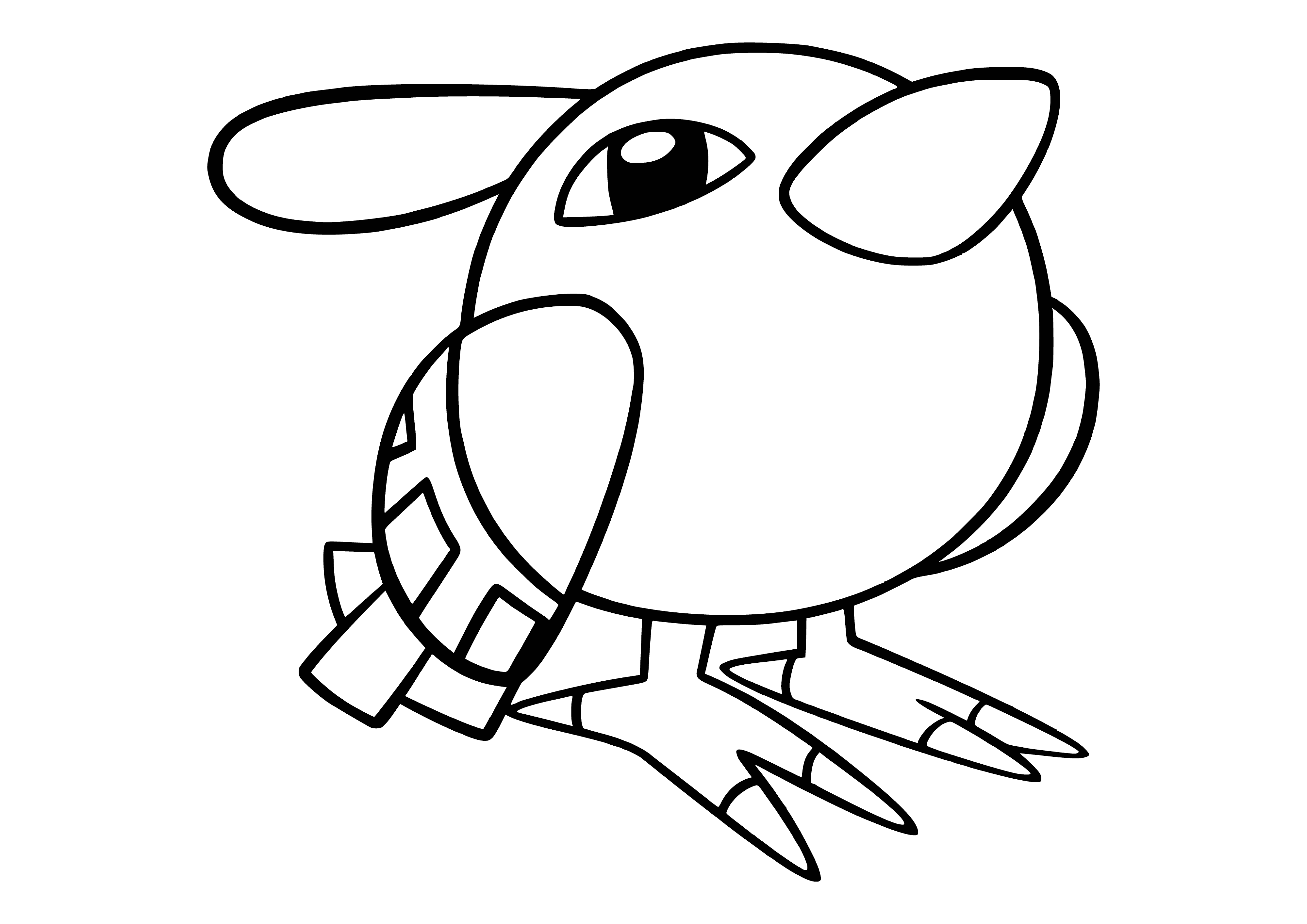coloring page: Small, bird-like creature w/ round body, stubby wings, green head/back, black stripe running down back, large eyes & small beak. Wings & tail green w/ black stripes.