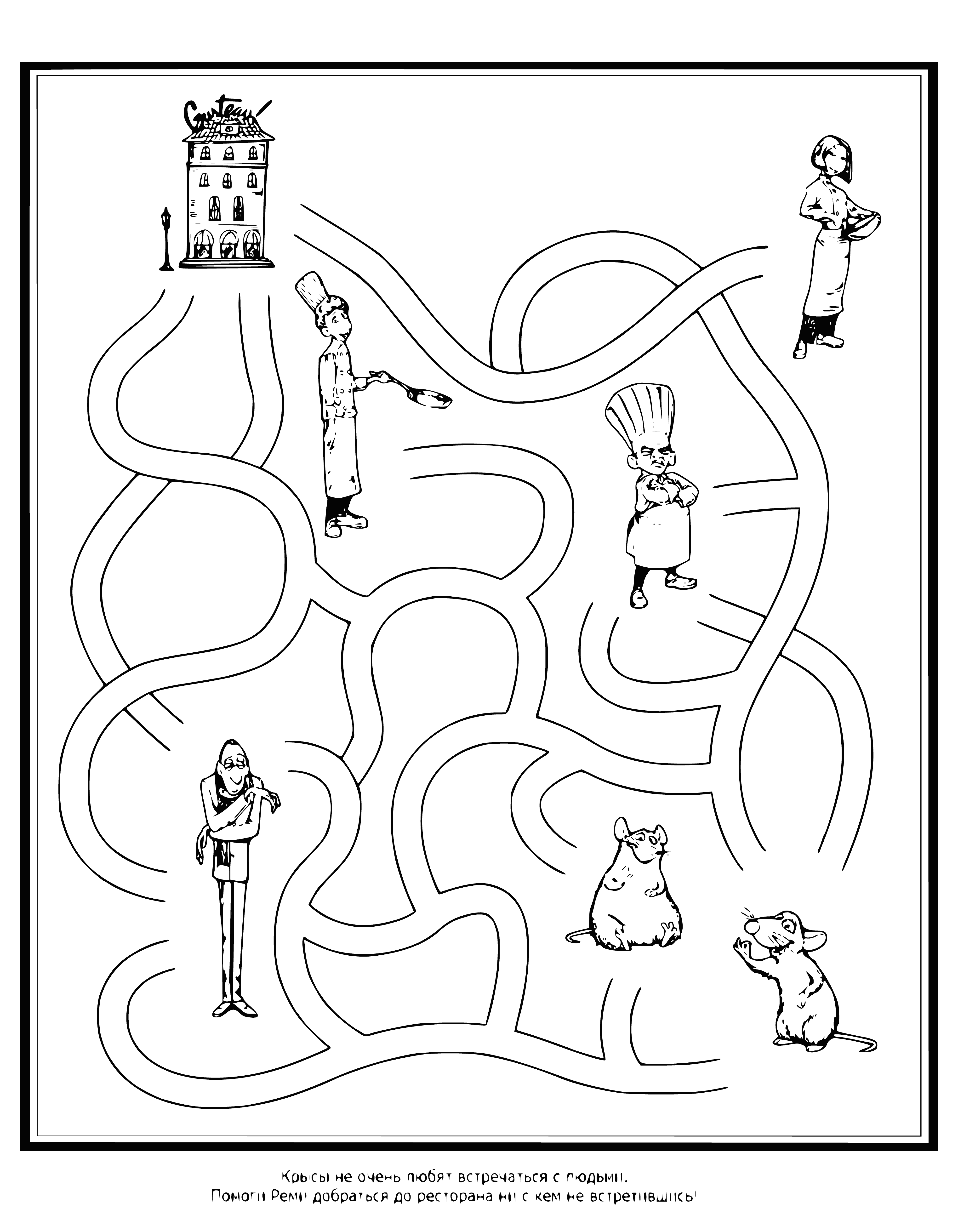 coloring page: A large white rat is in the center of a green & brown maze with paths to escape.
