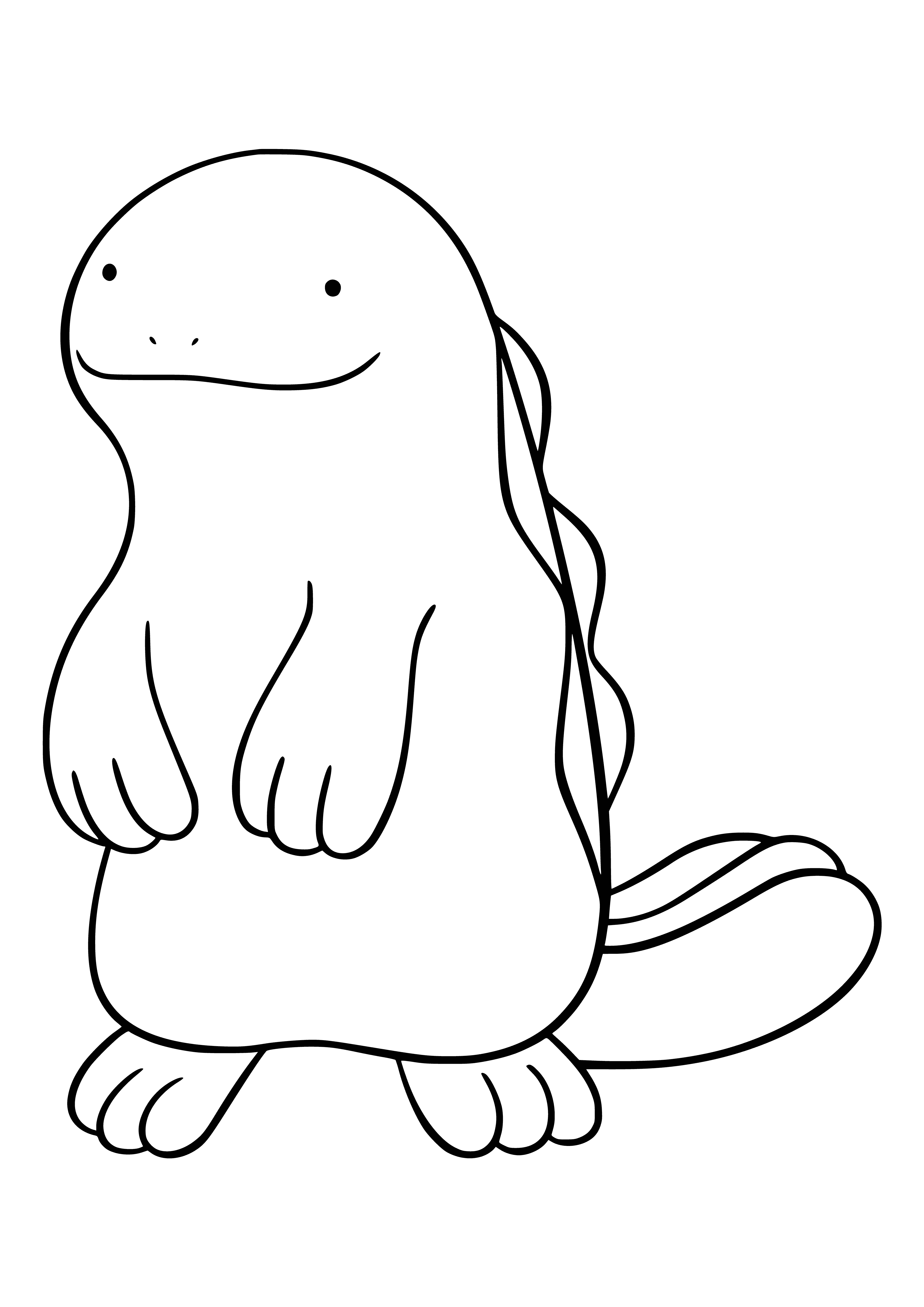 coloring page: A blue Hippopotas-like Pokemon that evolves from Wooper. Passive with beak-like mouth, large hands and feet, and long tail. Water-type, evolves at level 20.
