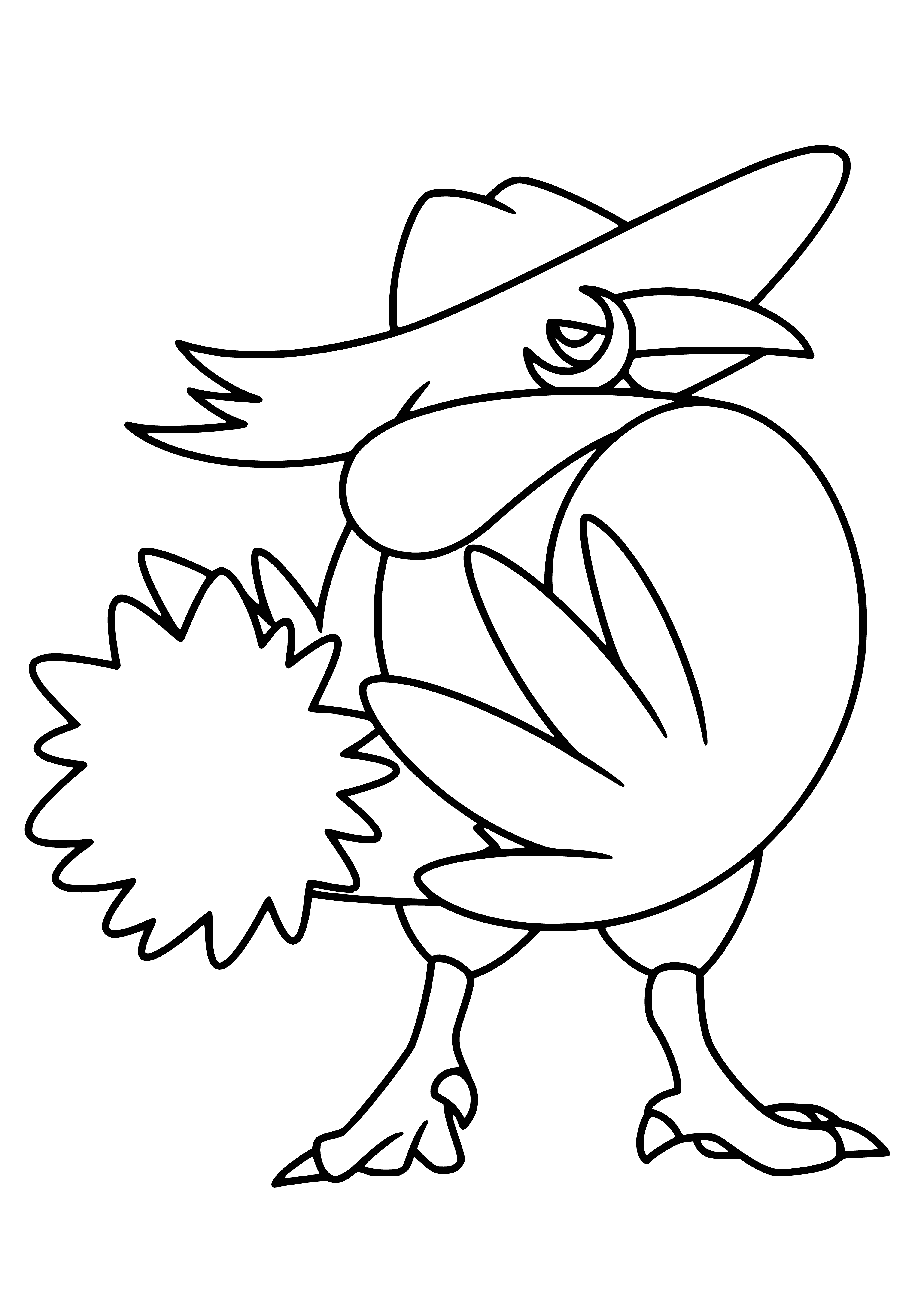 coloring page: Large black bird w/ red crest, hooked beak and red eyes; long black wings w/ red markings; small red feet.
