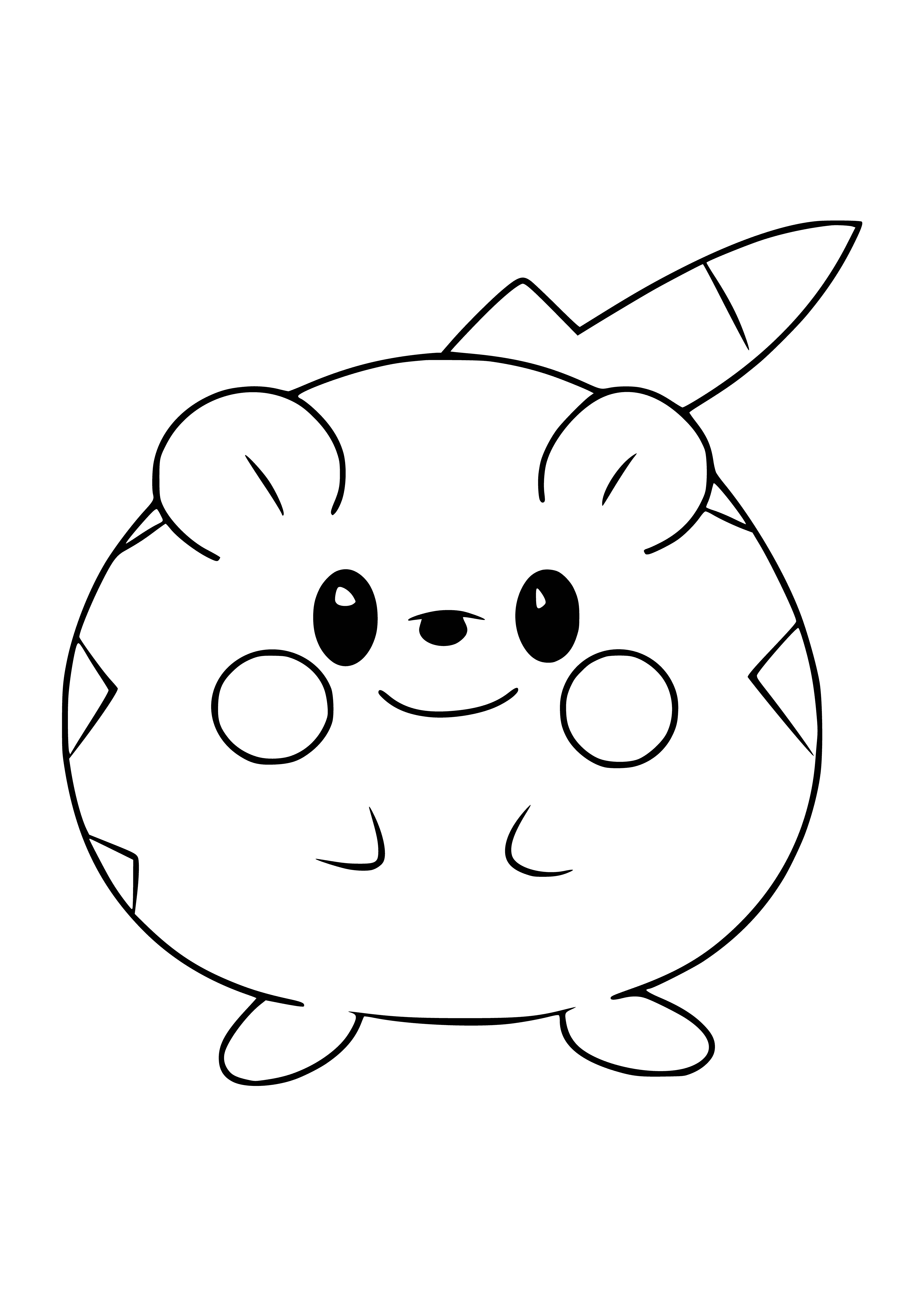 coloring page: Small, spiky, round Pokemon w/ brown body, cream underbelly, black stripes, line, 2 big eyes, small nose, wide mouth, hanging tongue, 2 small ears, & short, stubby arms/legs ending in spiky tips.
