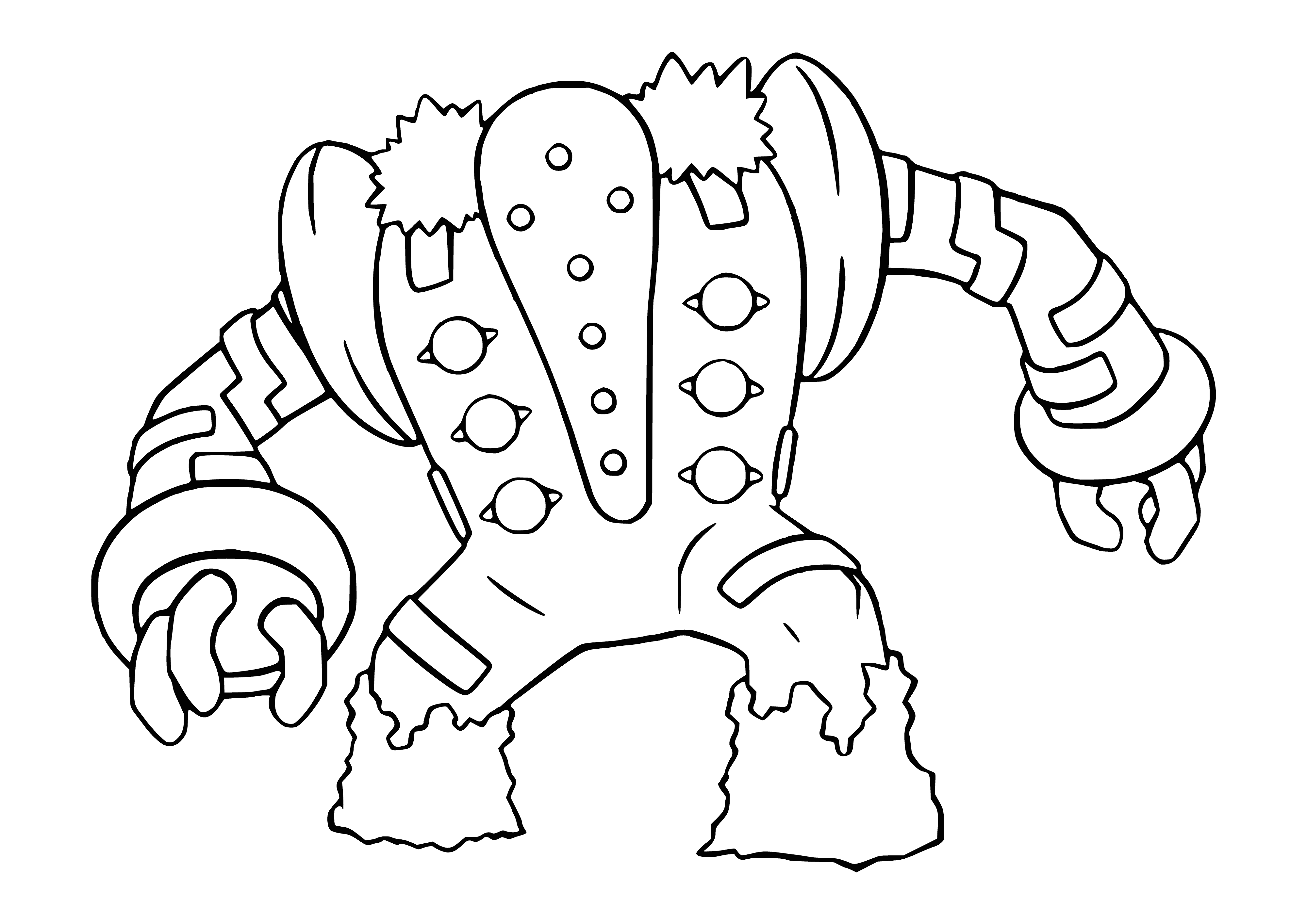 coloring page: Giant, skeletal Pokémon w/ red eyes, three stripes & two sets of arms. Has large, round body & thick arms & legs, stubby tail & orange lower body.