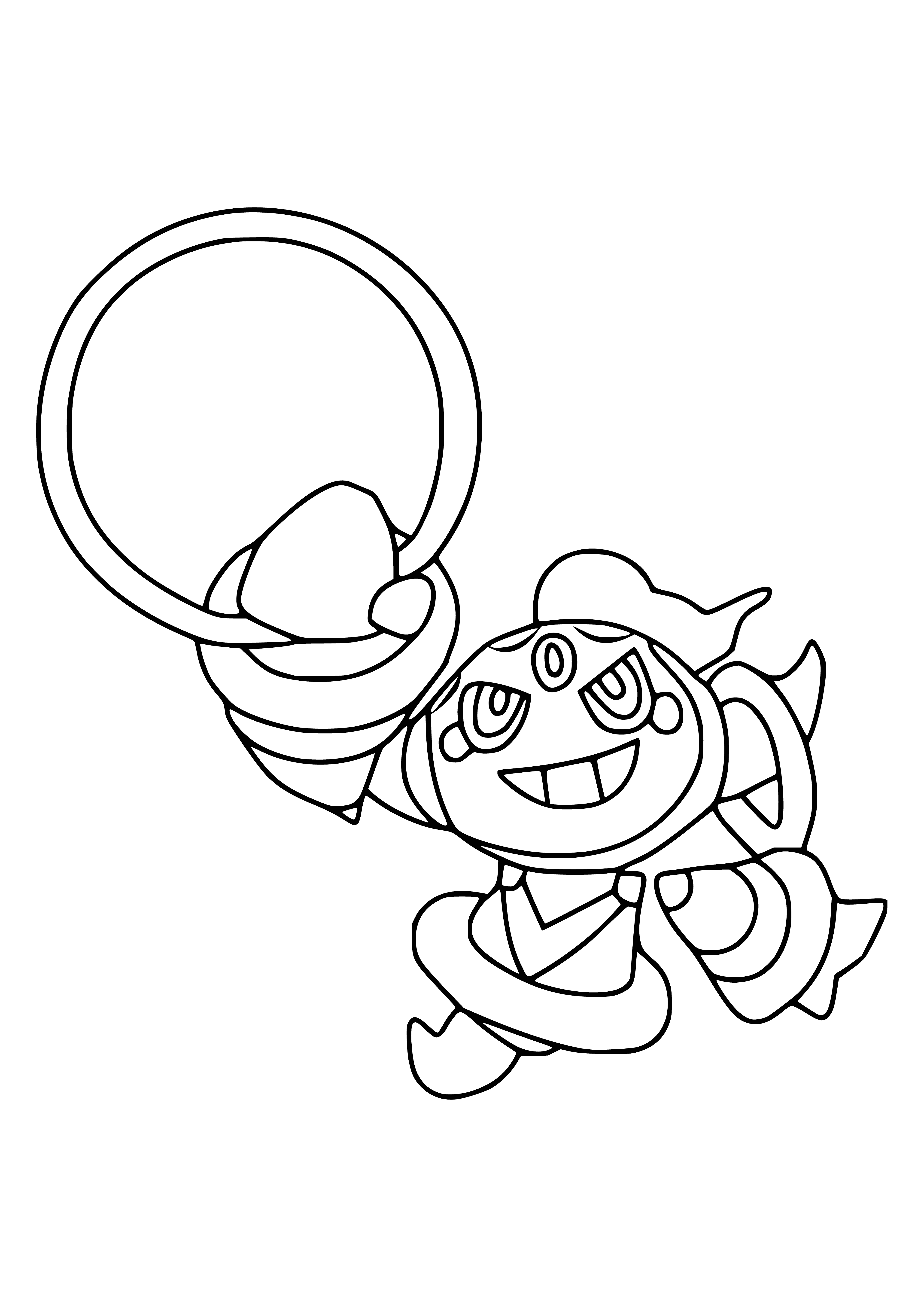 coloring page: Hoopa is a small, pink, humanoid Pokémon w/ hoop-shaped marking, three claws, small ears & two tails; black band around waist, w/ black/white bands on legs & black three-toed feet.