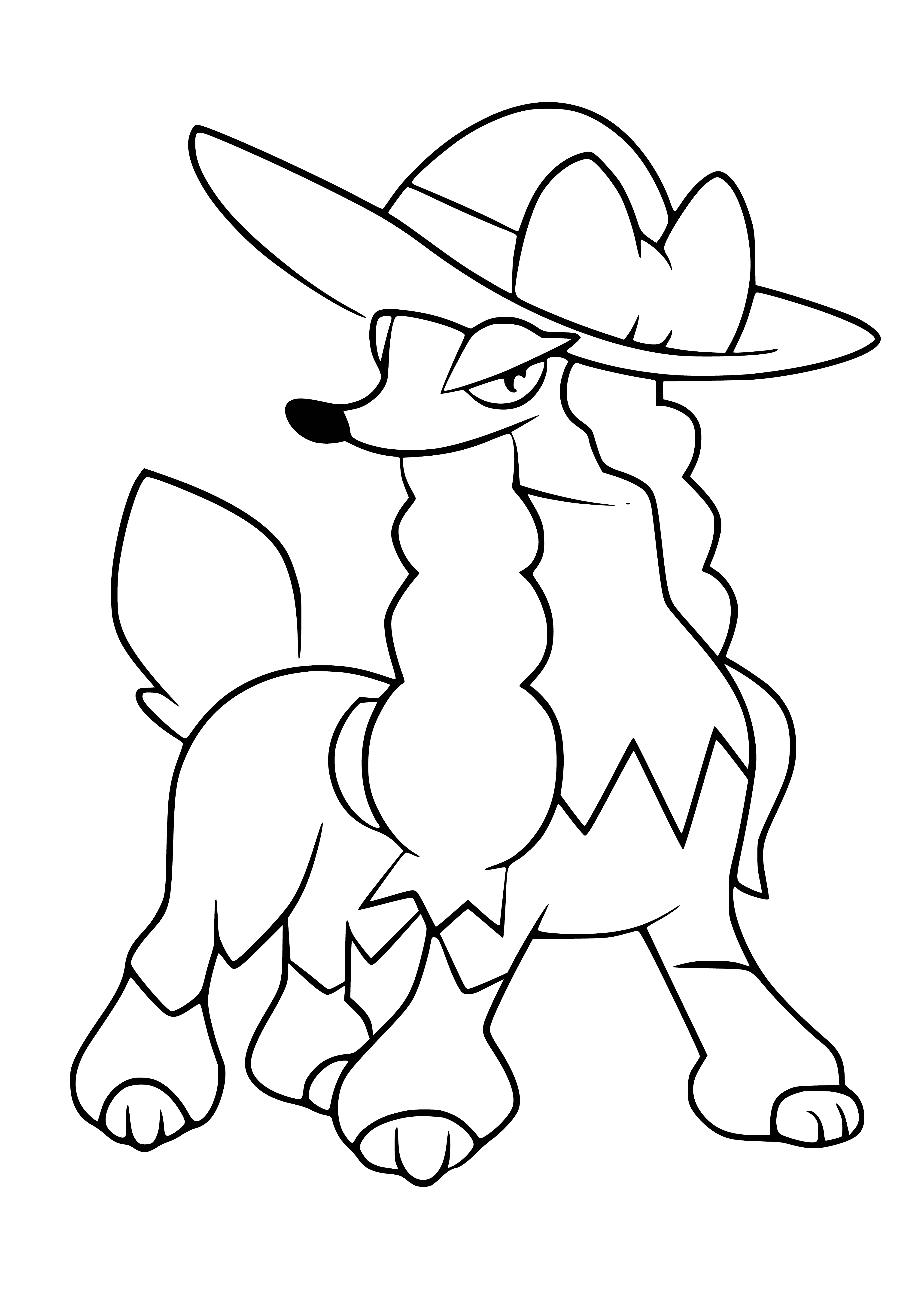 coloring page: Furfrou: Four-legged Pokemon with a white coat, black spots, and bristly long mane. Large, round head with black ears and nose.