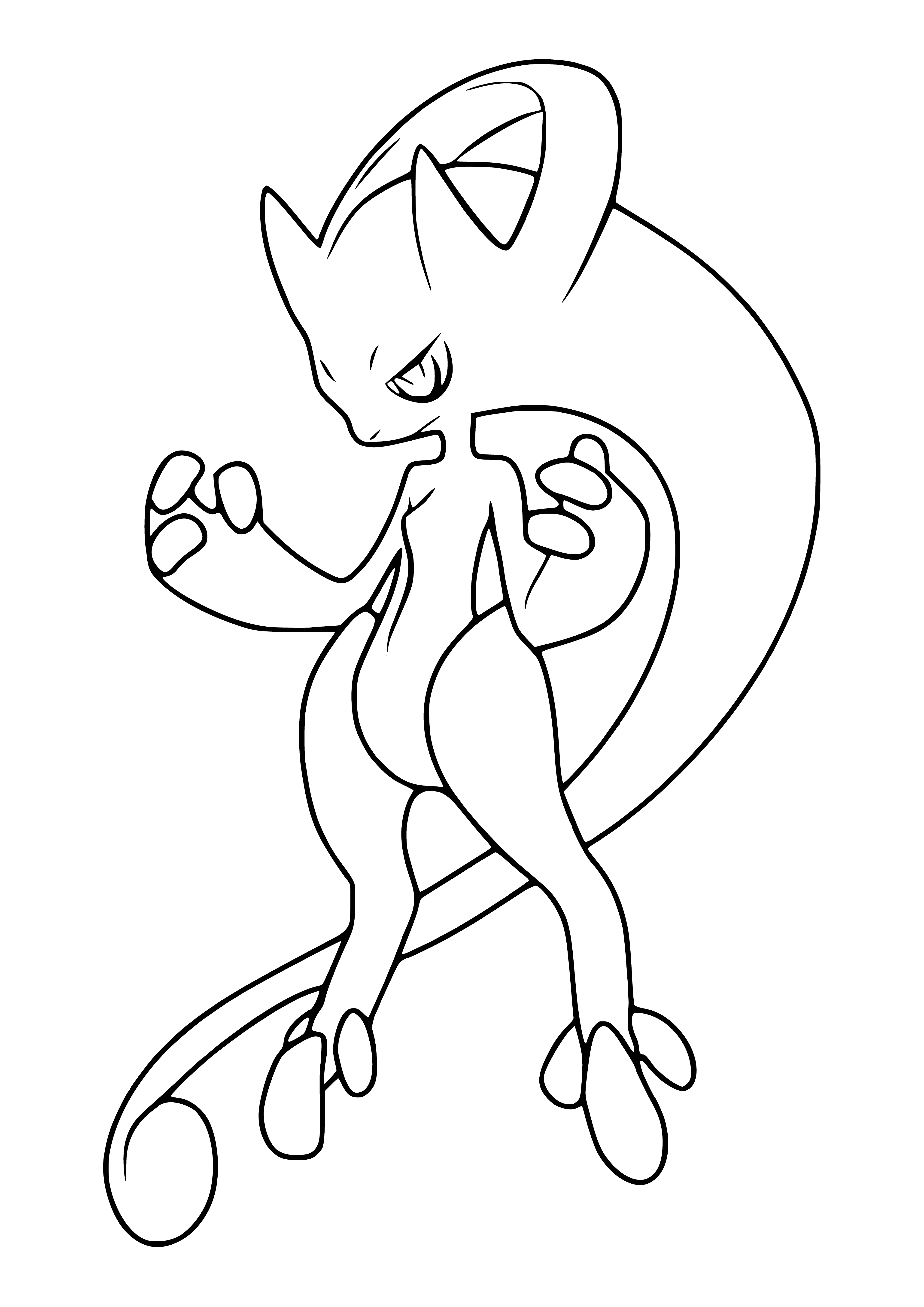 coloring page: Mega Mewtwo X is a large, blue Pokemon with red eyes and a black "X" mark on its back. Powerful and muscular, it claws and has three toes on each hind paw.