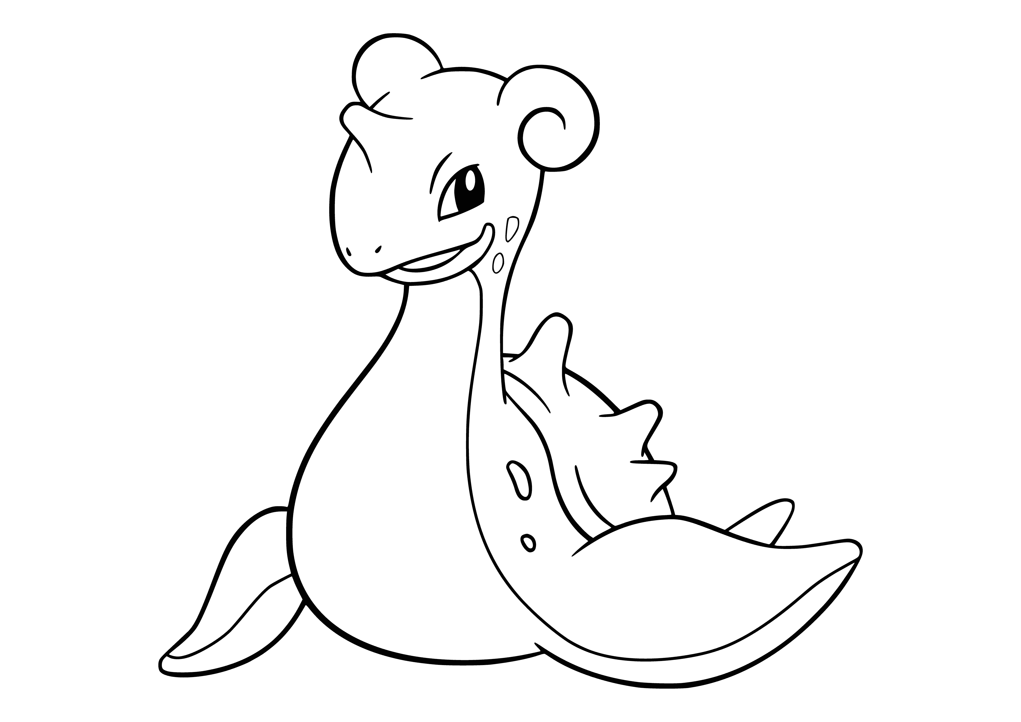 coloring page: Gentle Lapras ferries people across lakes & rivers w/ its long neck, white carapace, fin-like limbs & large tail. Kindhearted w/ blue eyes.