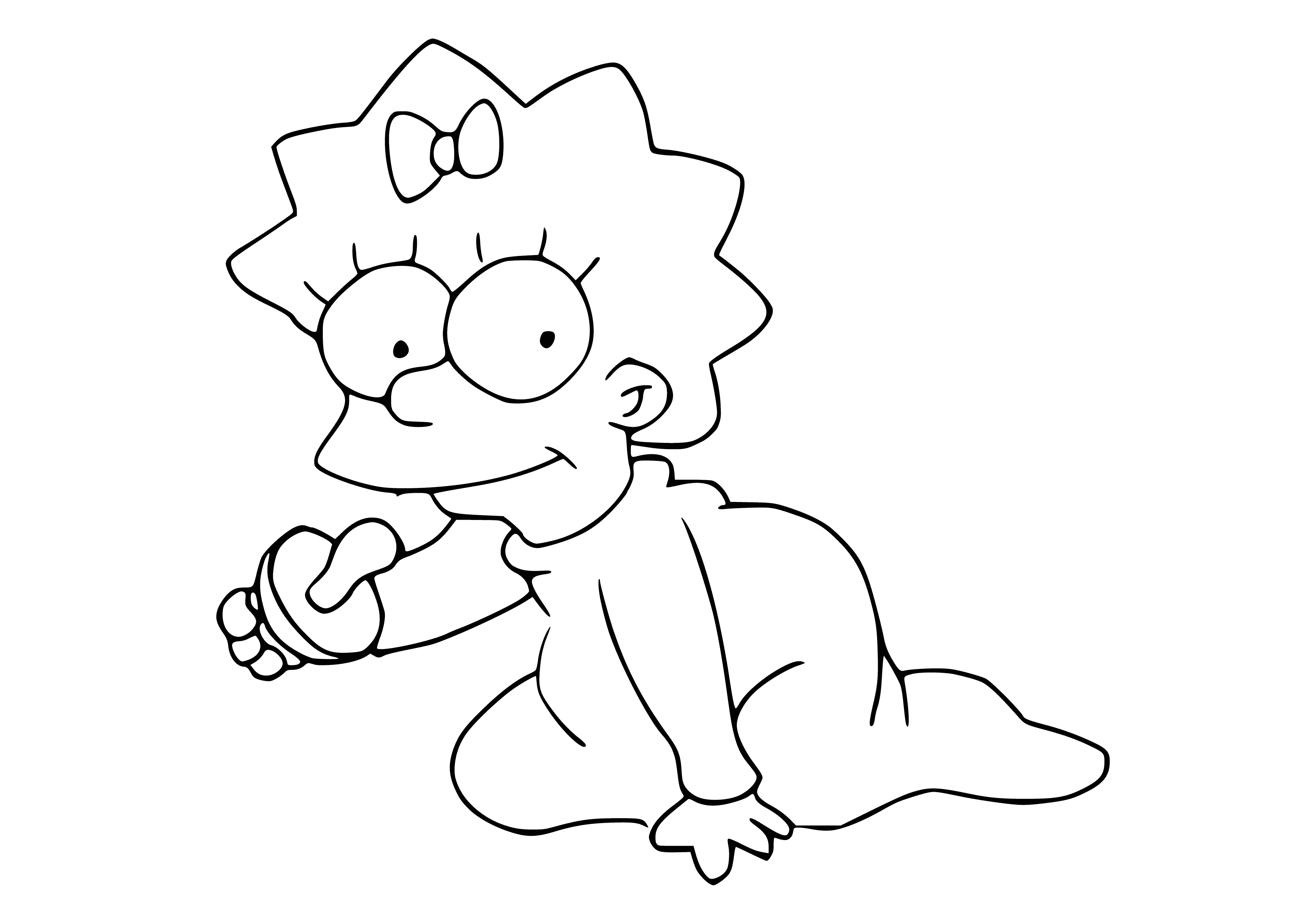 coloring page: Maggie Simpson, infant daughter of Homer & Marge, is seen sitting up, large head & blue eyes, small mouth, styled yellow bob, wearing simple red dress.