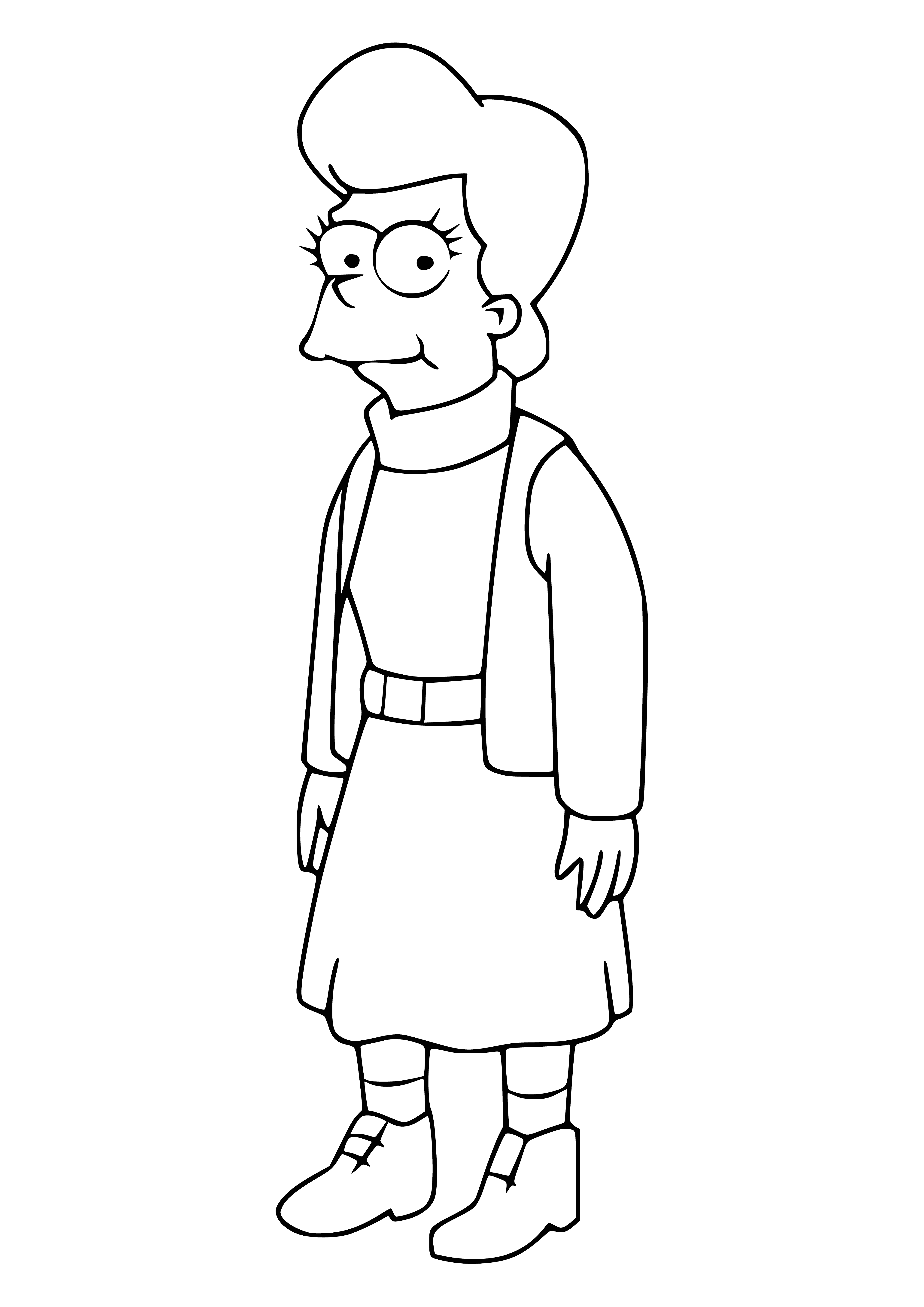 coloring page: Mona Simpson, Homer's elderly mother, shown in B/W coloring page wearing white shirt and black skirt, seated in chair with hands clasped in lap.