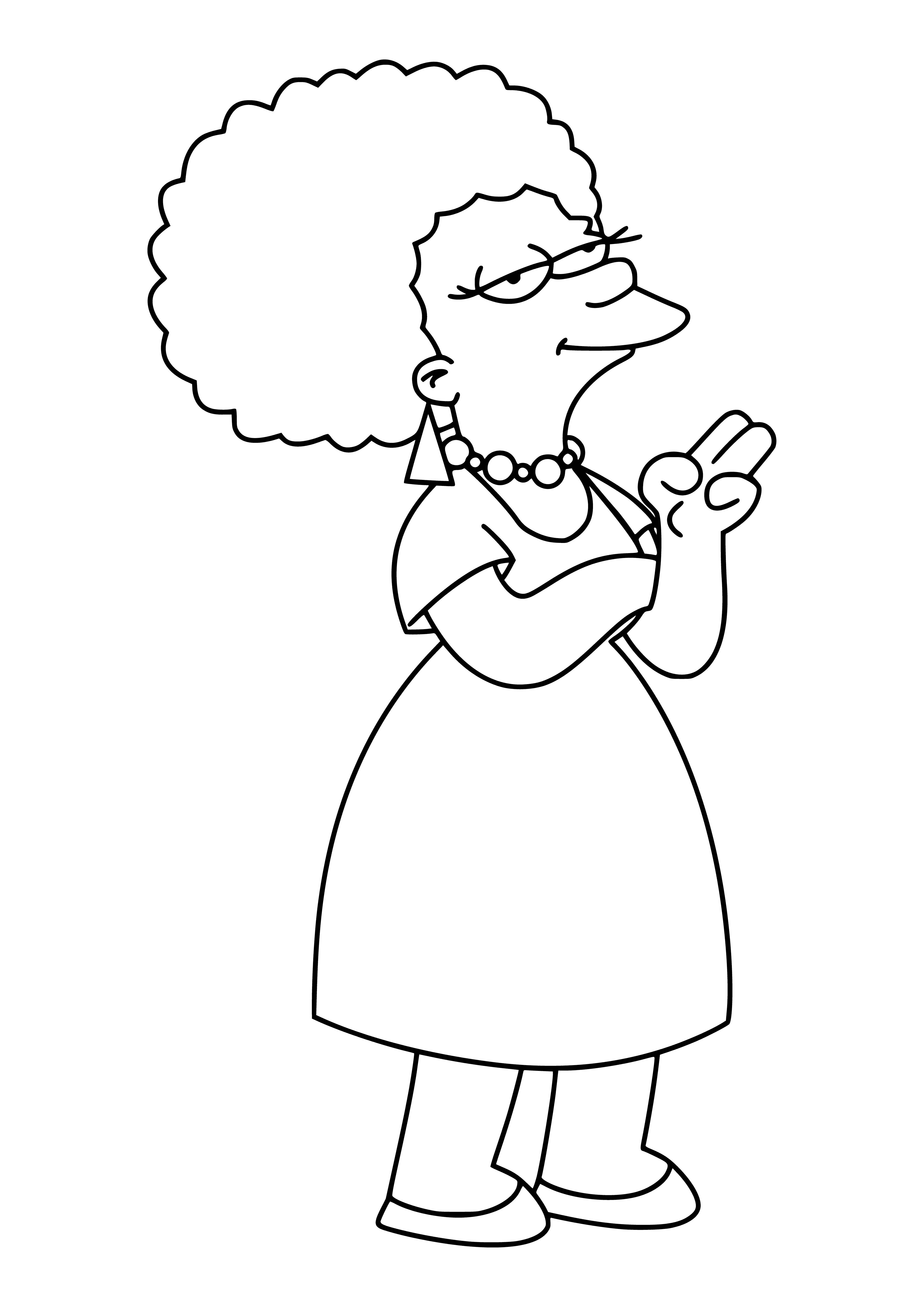 coloring page: Two women coloring page: Patty Bouvier (bald, yellow skin, blue eyes, purple lipstick) and other woman (green dress, white collar).