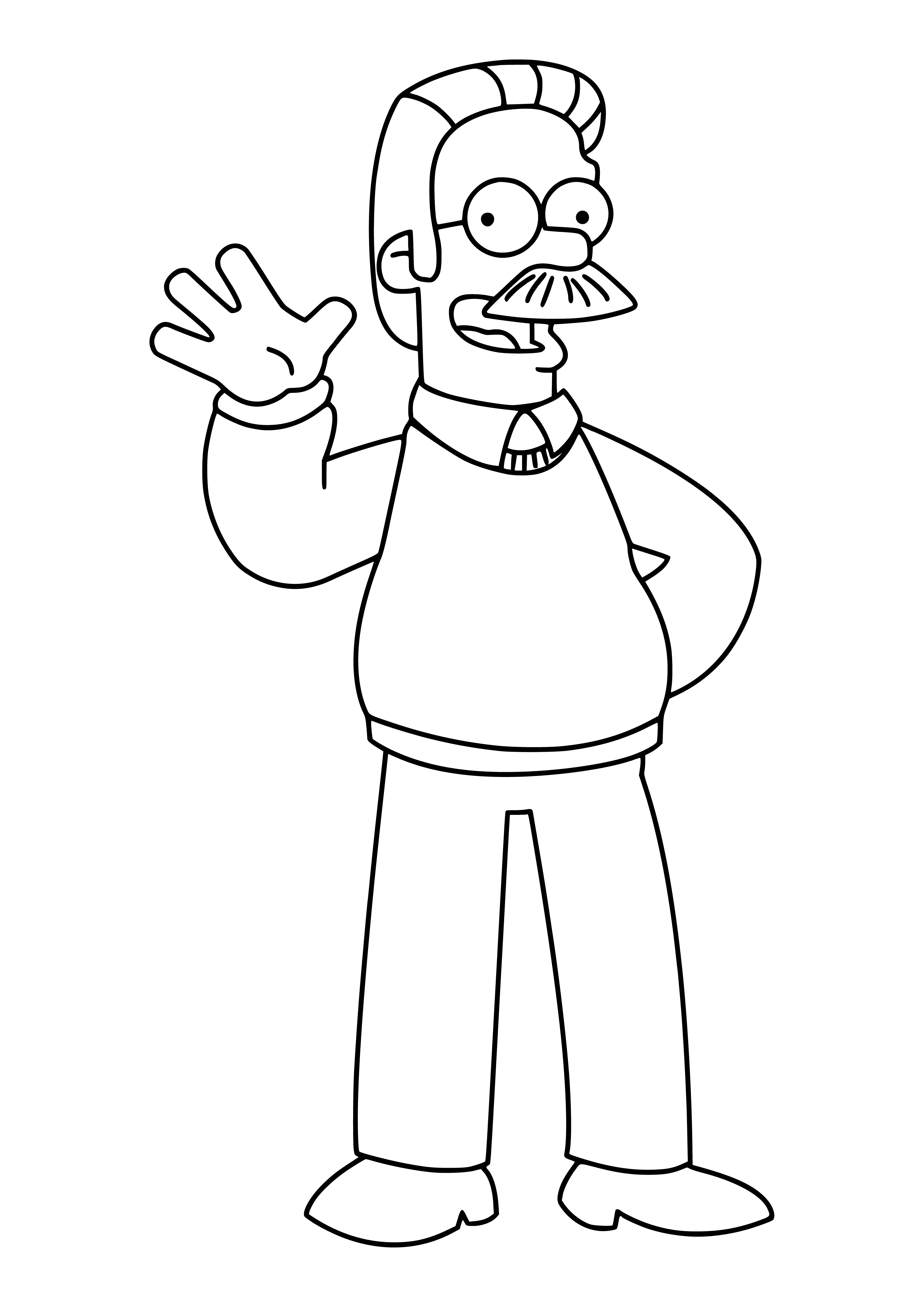 coloring page: Ned Flanders is a middle-aged man with short, light brown hair, big nose, thin lips, wearing a green sweater and khakis, standing in front of a white house with green trim and a duck-shaped mailbox in the yard.