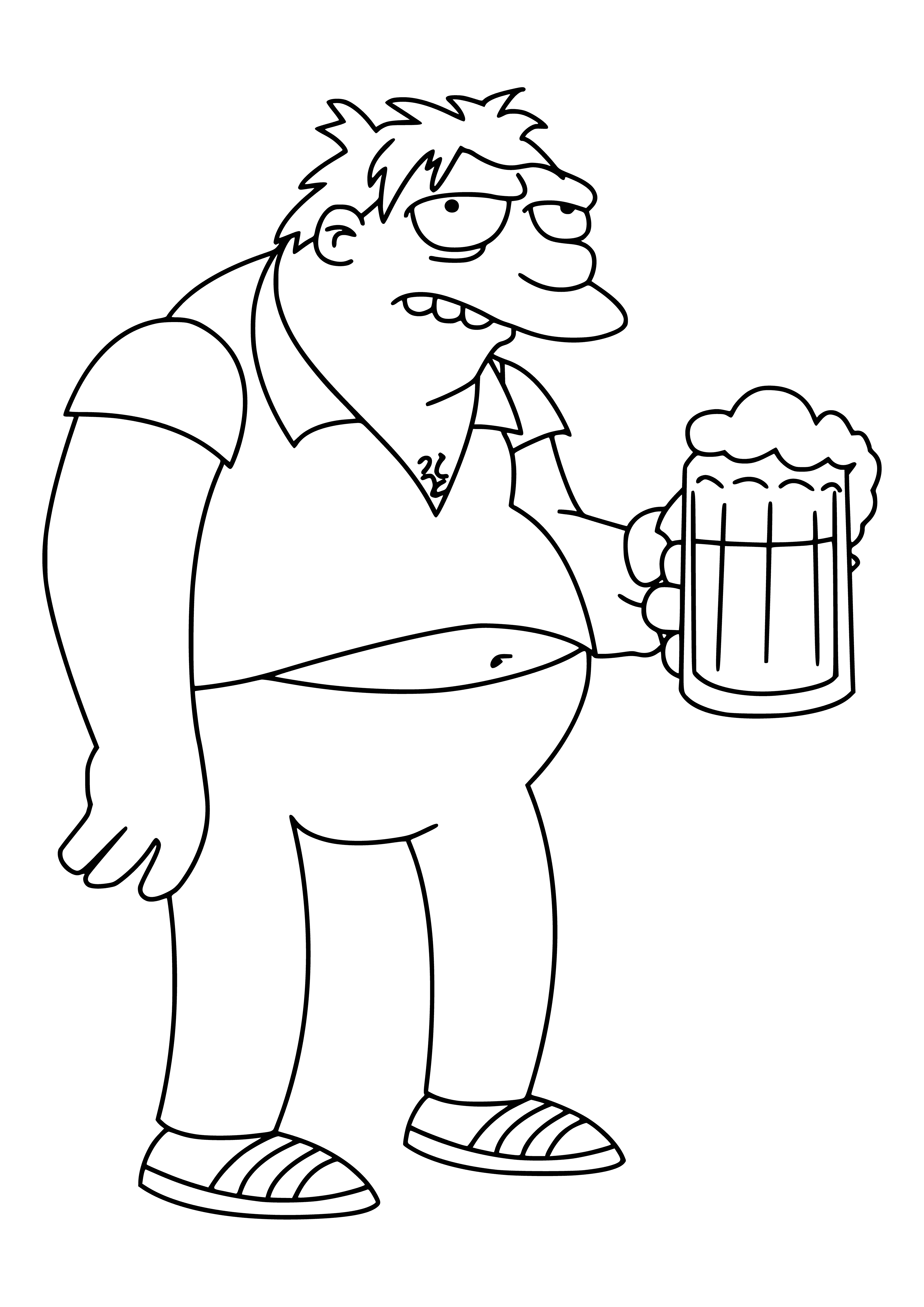 coloring page: Barney Gumble is Springfield's beloved, dishevelled drunk, who can be found wandering or passed out in alleys, wearing a ratty sweater and sporting a balding head and beer belly.