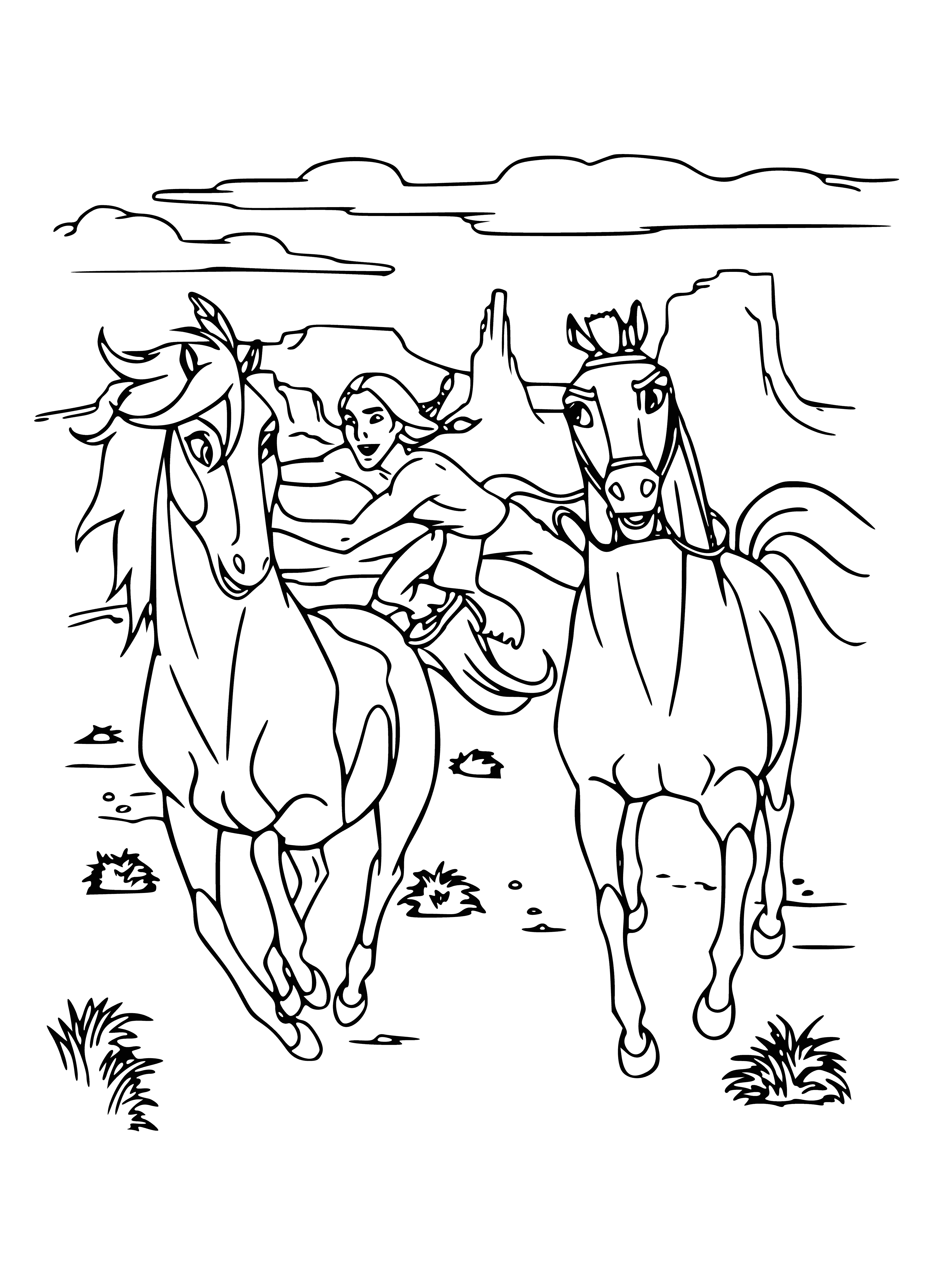coloring page: Rain and Spirit, a white horse and black man, stand together in a river, the man's hand against the horse's neck and the horse's head bowed. Both gaze upward to the sky.