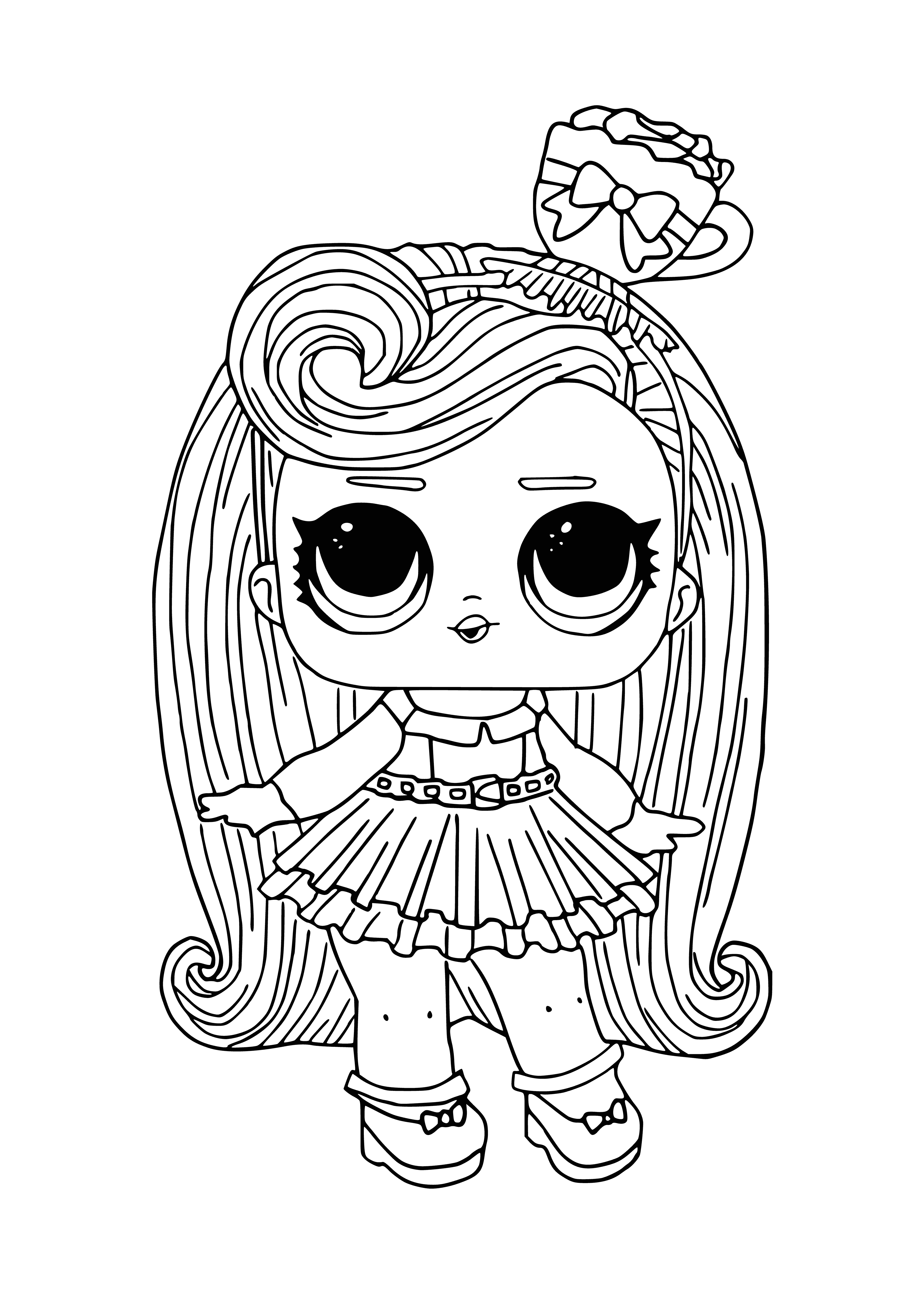 coloring page: Girl in pink dress holds baby doll, smiling happily.