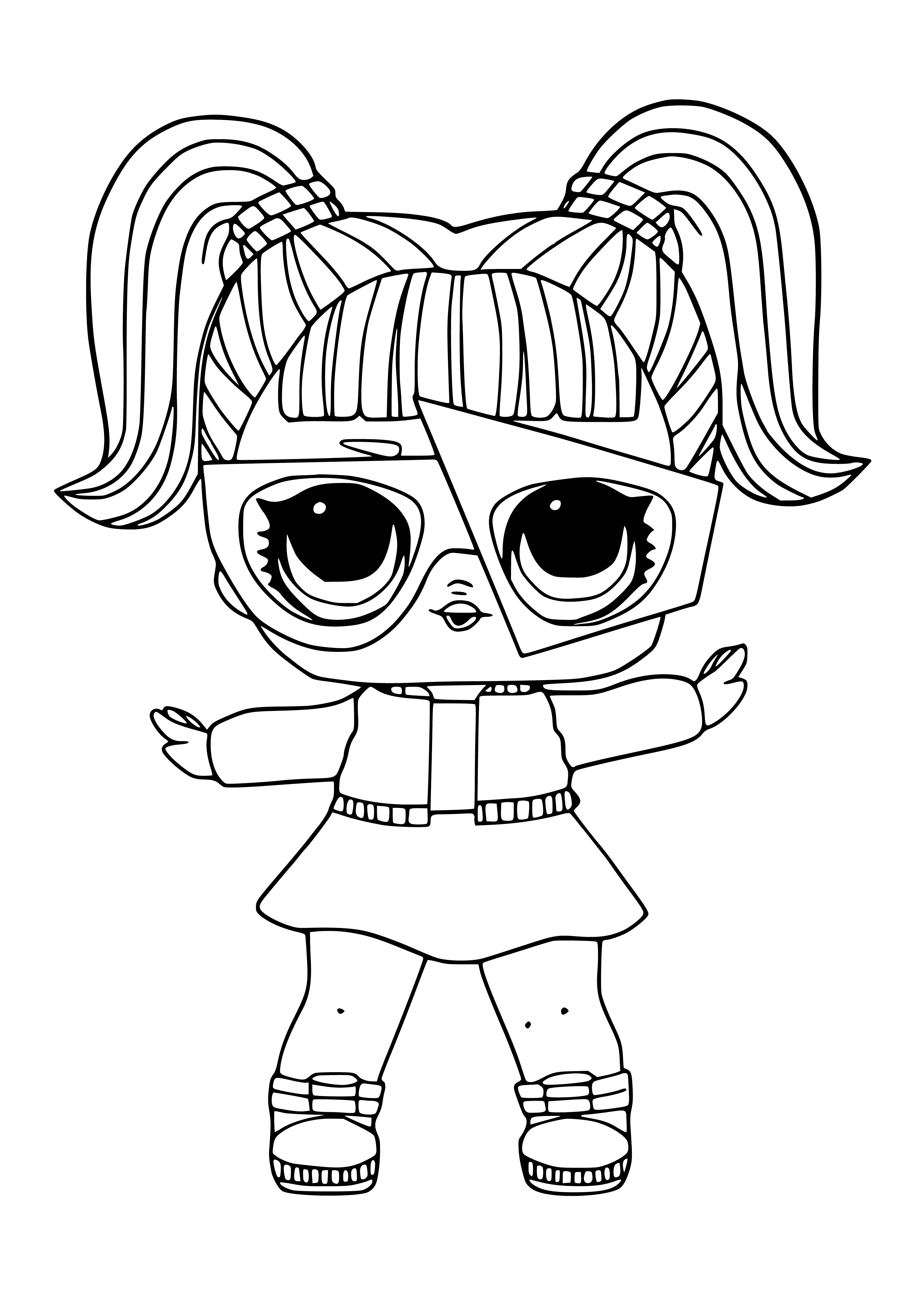 coloring page: Coloring page of plastic L.O.L - LOL Glamstronaut toy in silver/white outfit and blue/white helmet, holding white flag.