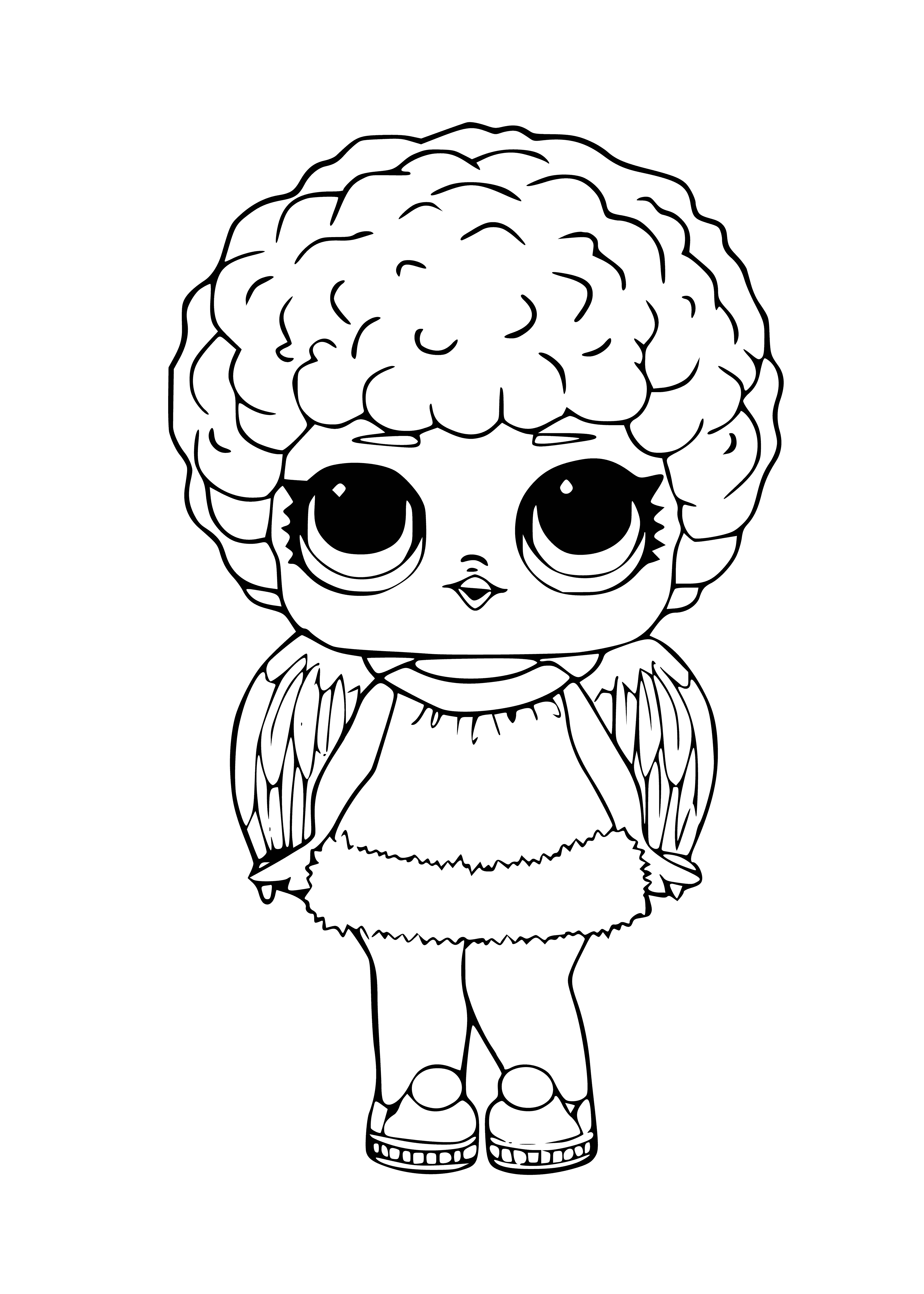 coloring page: Small, blue creature w/ large black eyes, thin arms & legs, wearing white & green garment, looks bashful & shy.