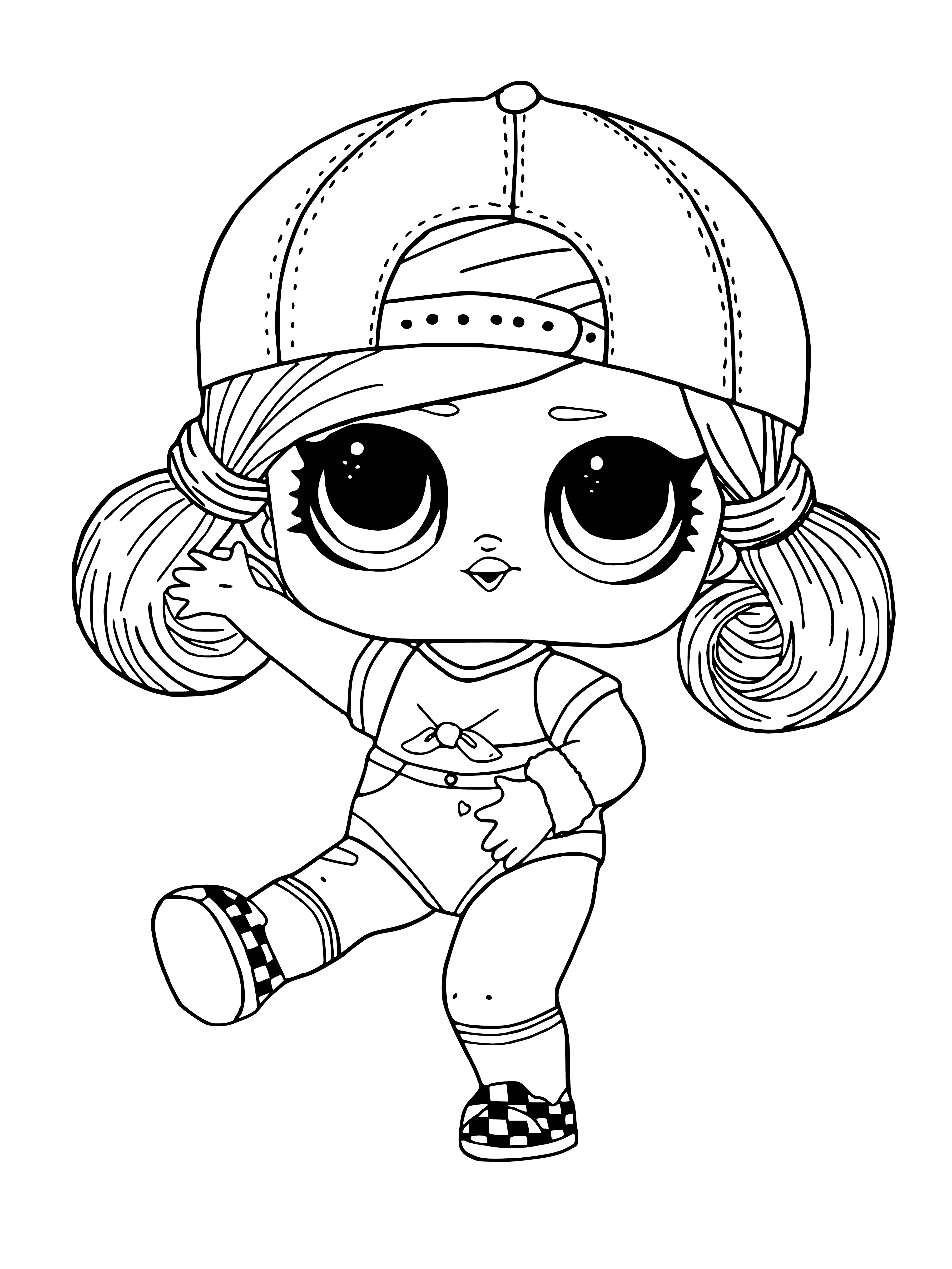 coloring page: Girl skate-ready w/pads, skater dress, bright pink hair, skateboard under her arm: Let's go! #skatelife