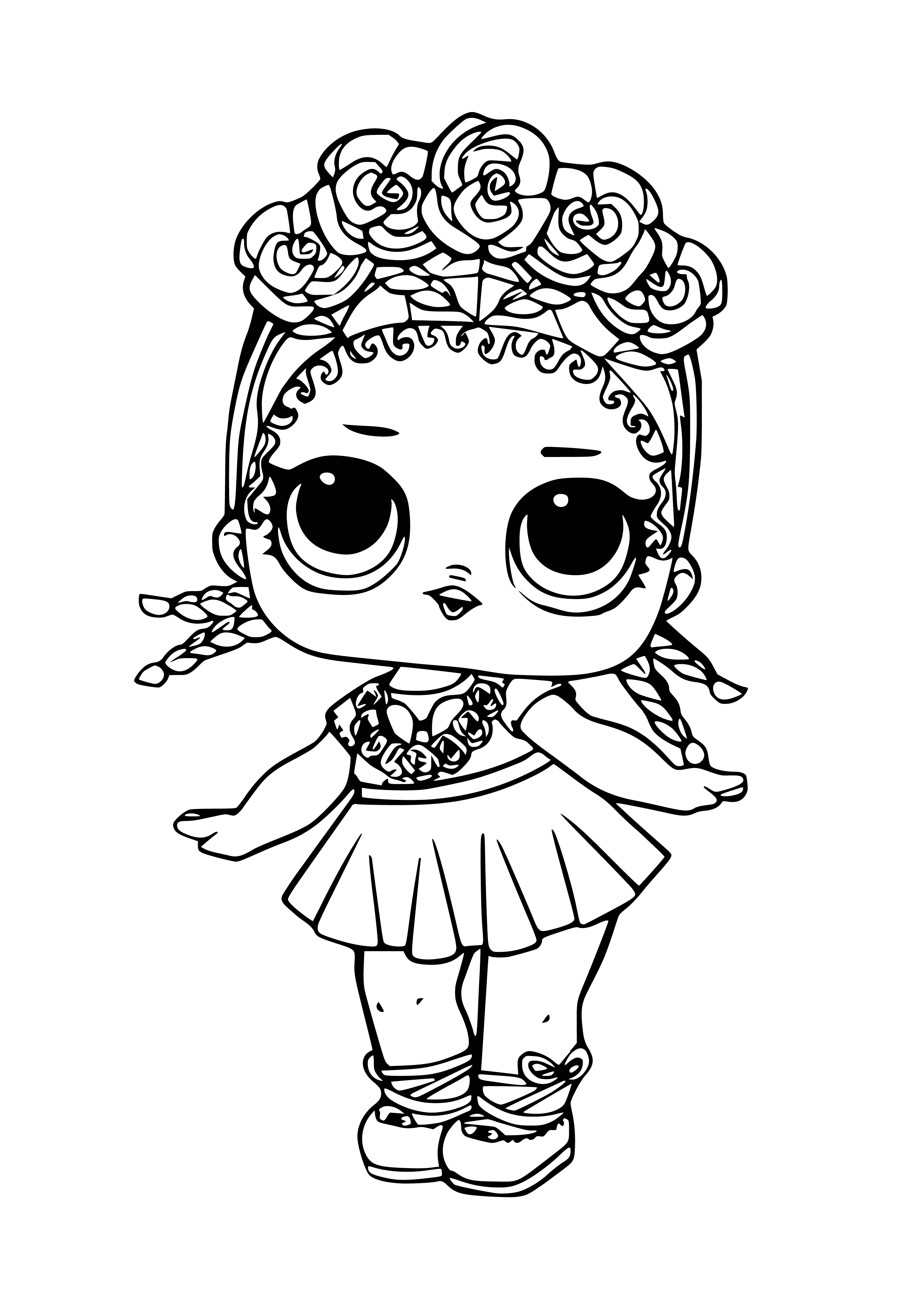 coloring page: Girl doll in crop top, denim shorts and white sneakers w/blue & white beach ball. Two palm trees in back, one w/kiwi, one w/banana. White sand.