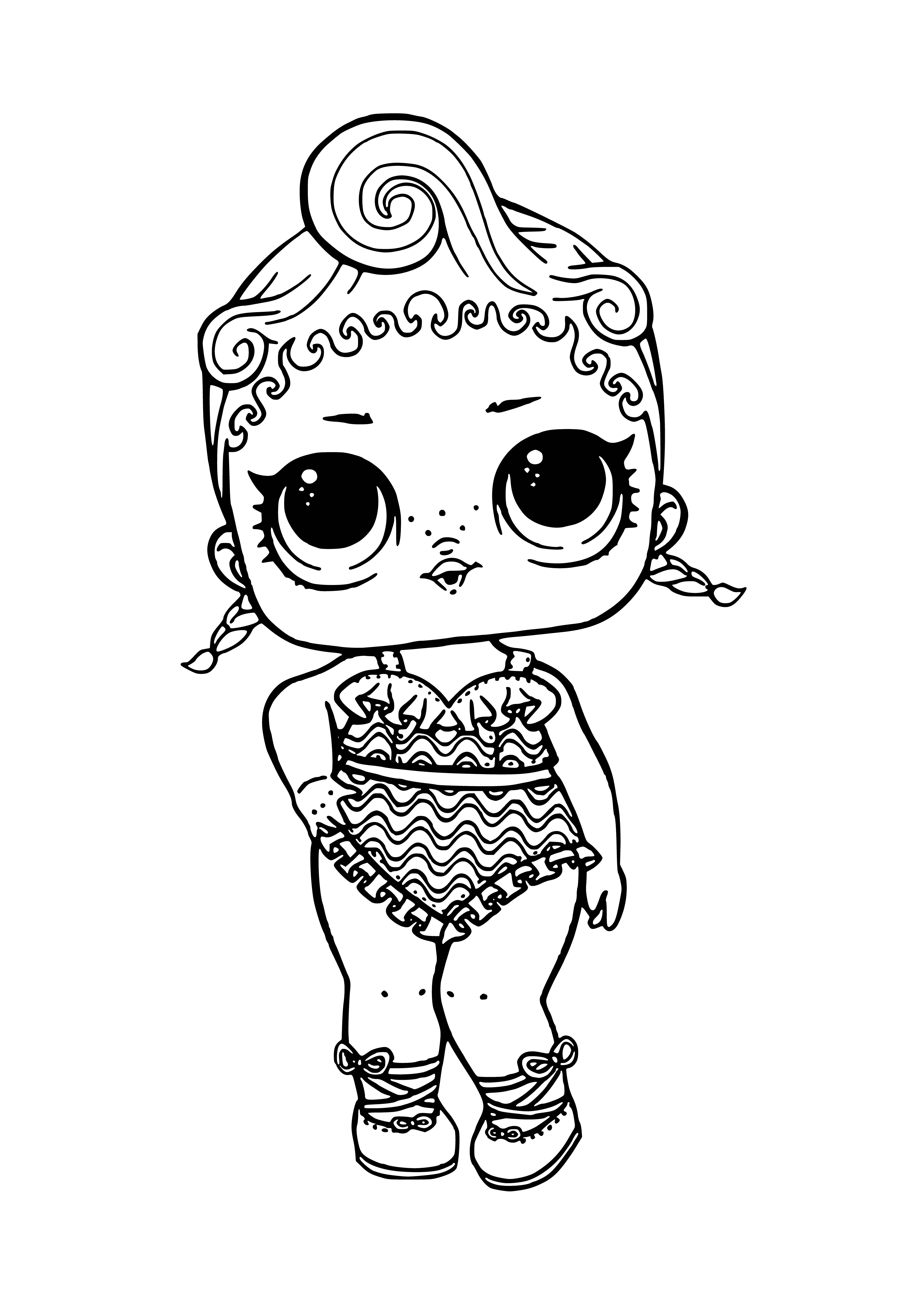 coloring page: Adorable L.O.L doll has blue skin, white eyes, blonde hair, blue dress with white polka dots, and white bracelet on her right wrist!