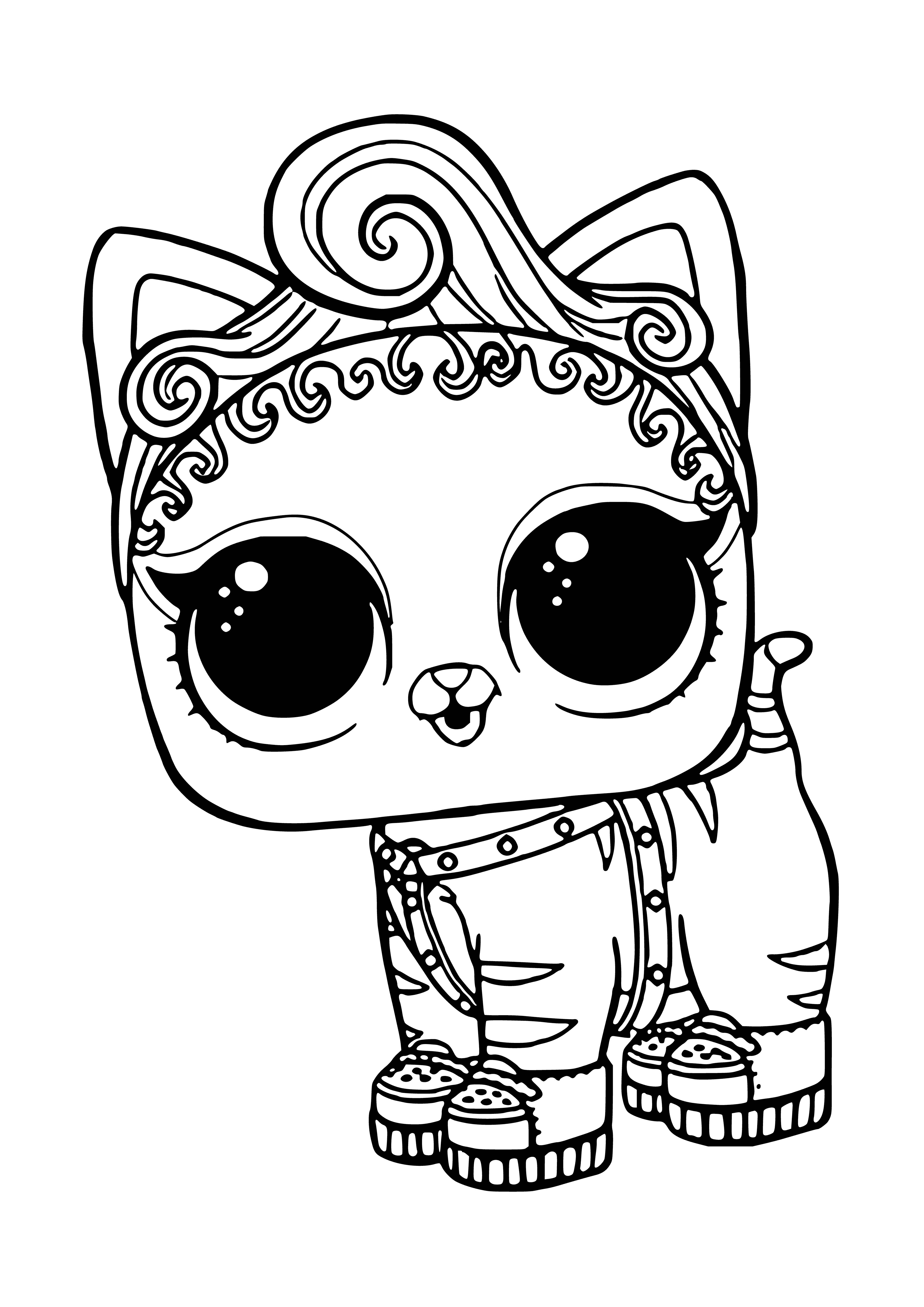 coloring page: Adorable pale kitty with blue eyes, pointy ears, fluffy tail, and black nose stares into the camera.