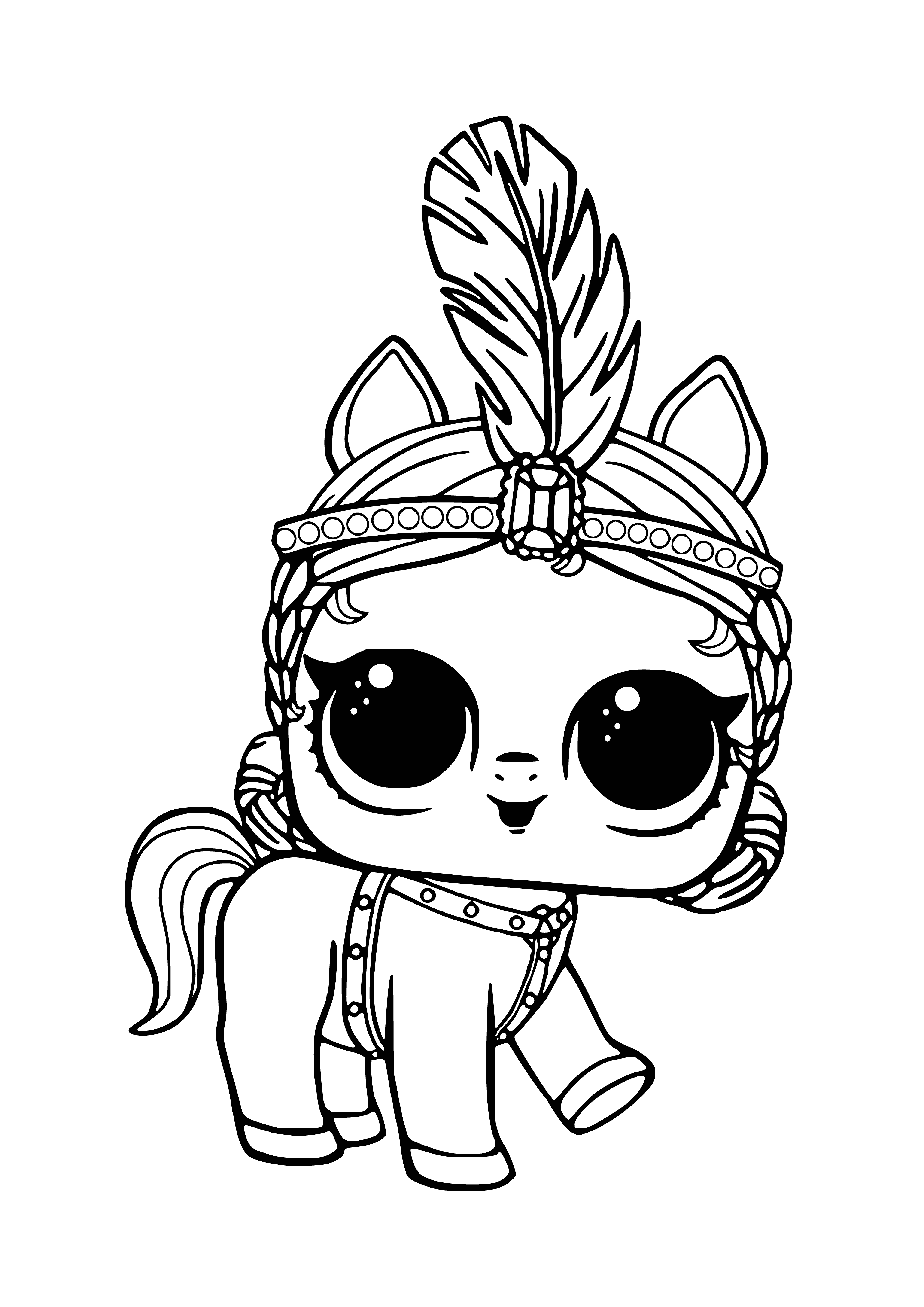 coloring page: A blue horse with white mane, purple eyes, pink bow, and blue & white striped tail.