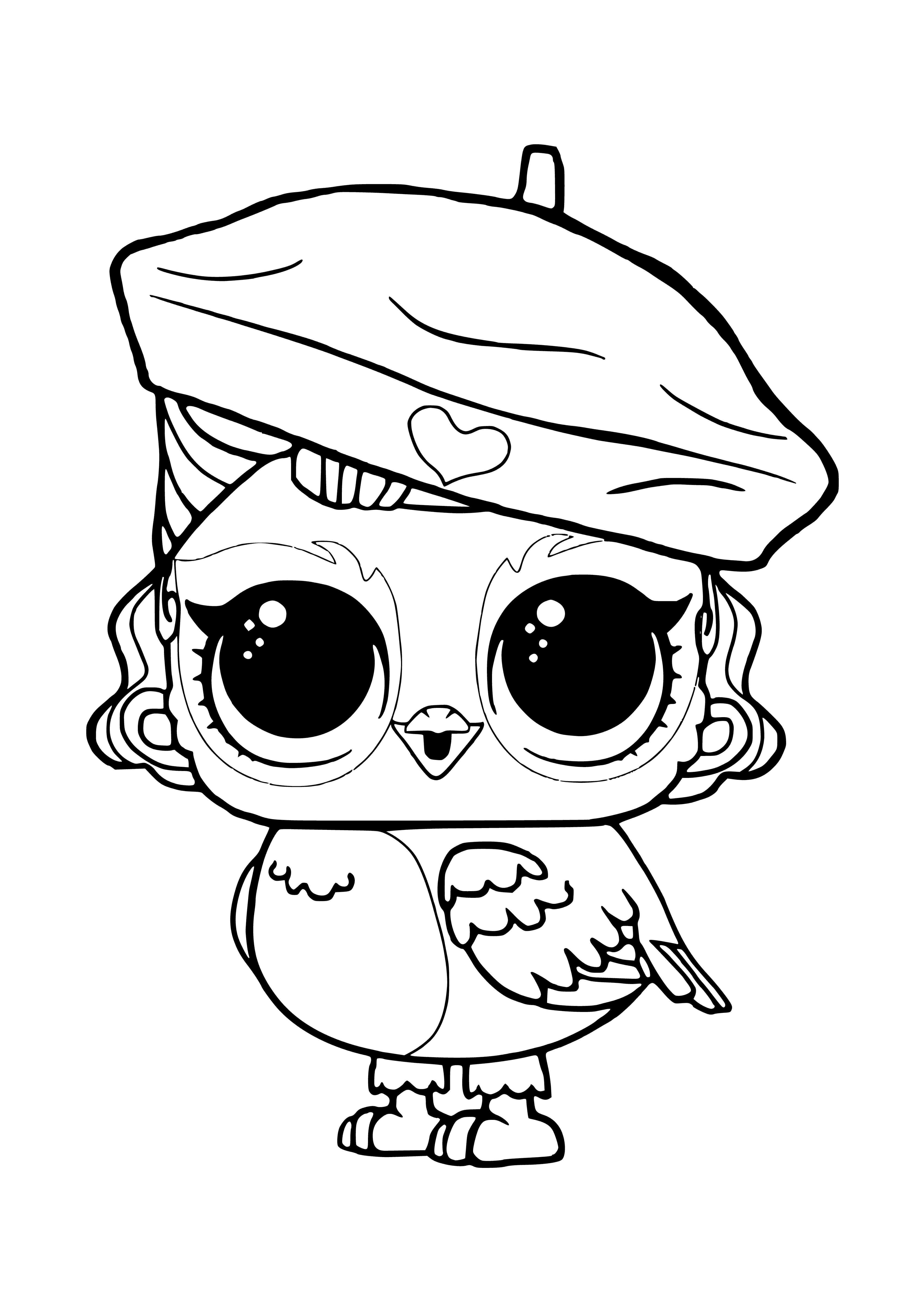 coloring page: LOL Pet Owl Angel: small white owl w/blue eyes & bow, blue/white wings w/stars, blue/white striped scarf & platform.