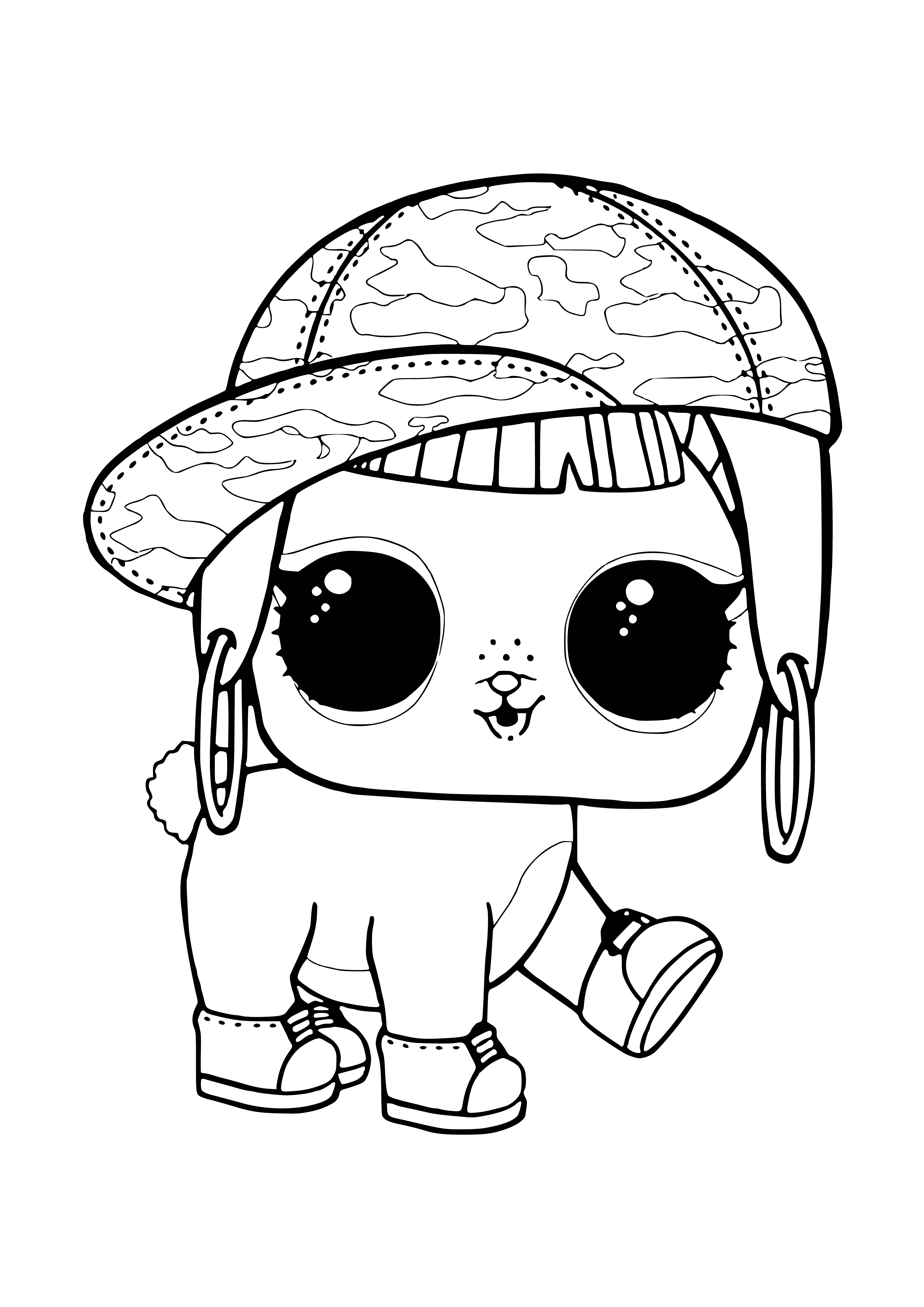 coloring page: Cute pet bunny-rapper raps with black & white spots, carrot & striped shirt & backpack. #RappingBunny