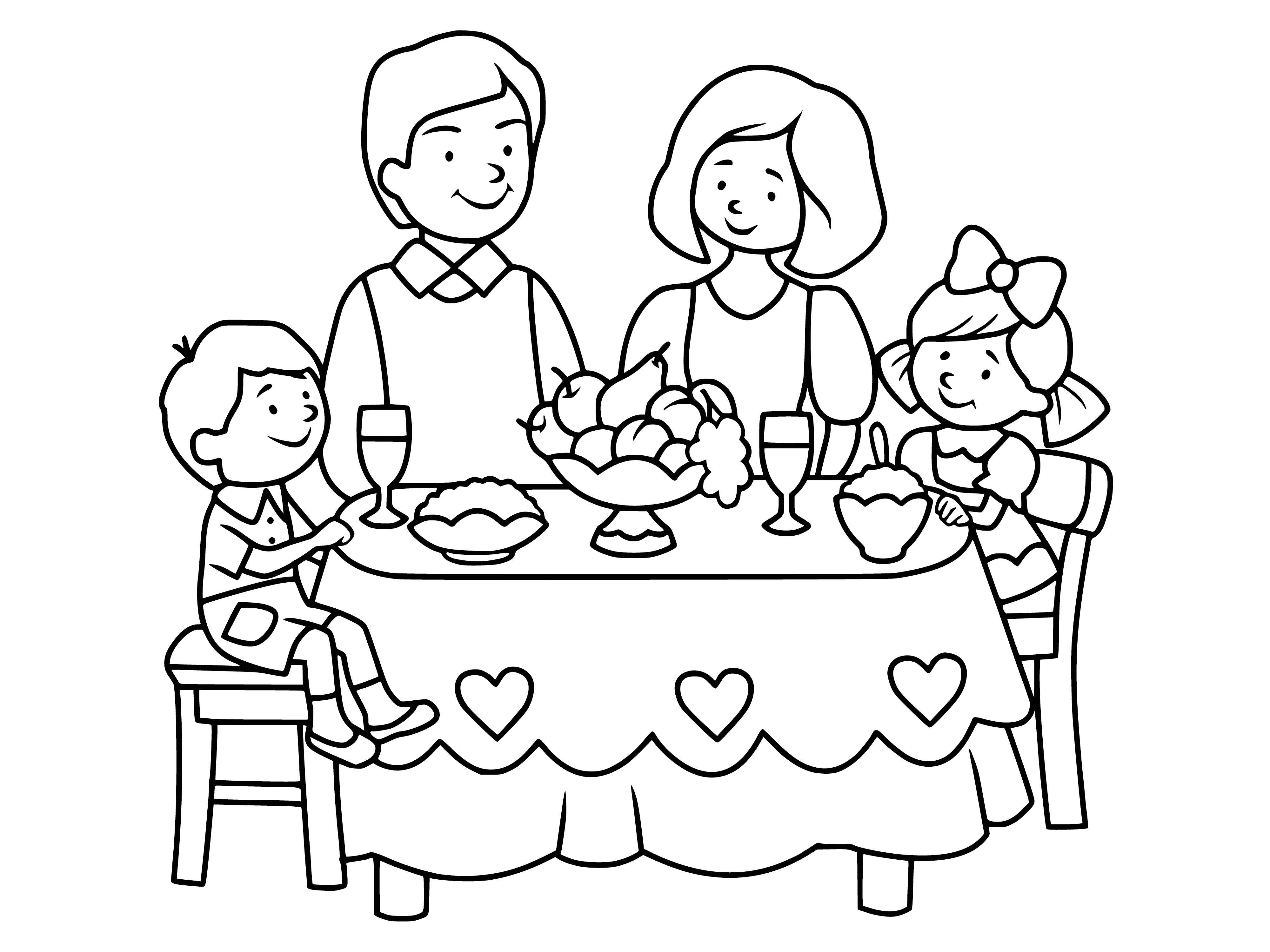 coloring page: Family Day dinner a huge success! Delicious meal enjoyed together, followed by chatting & games - a great way to spend quality time & have fun!