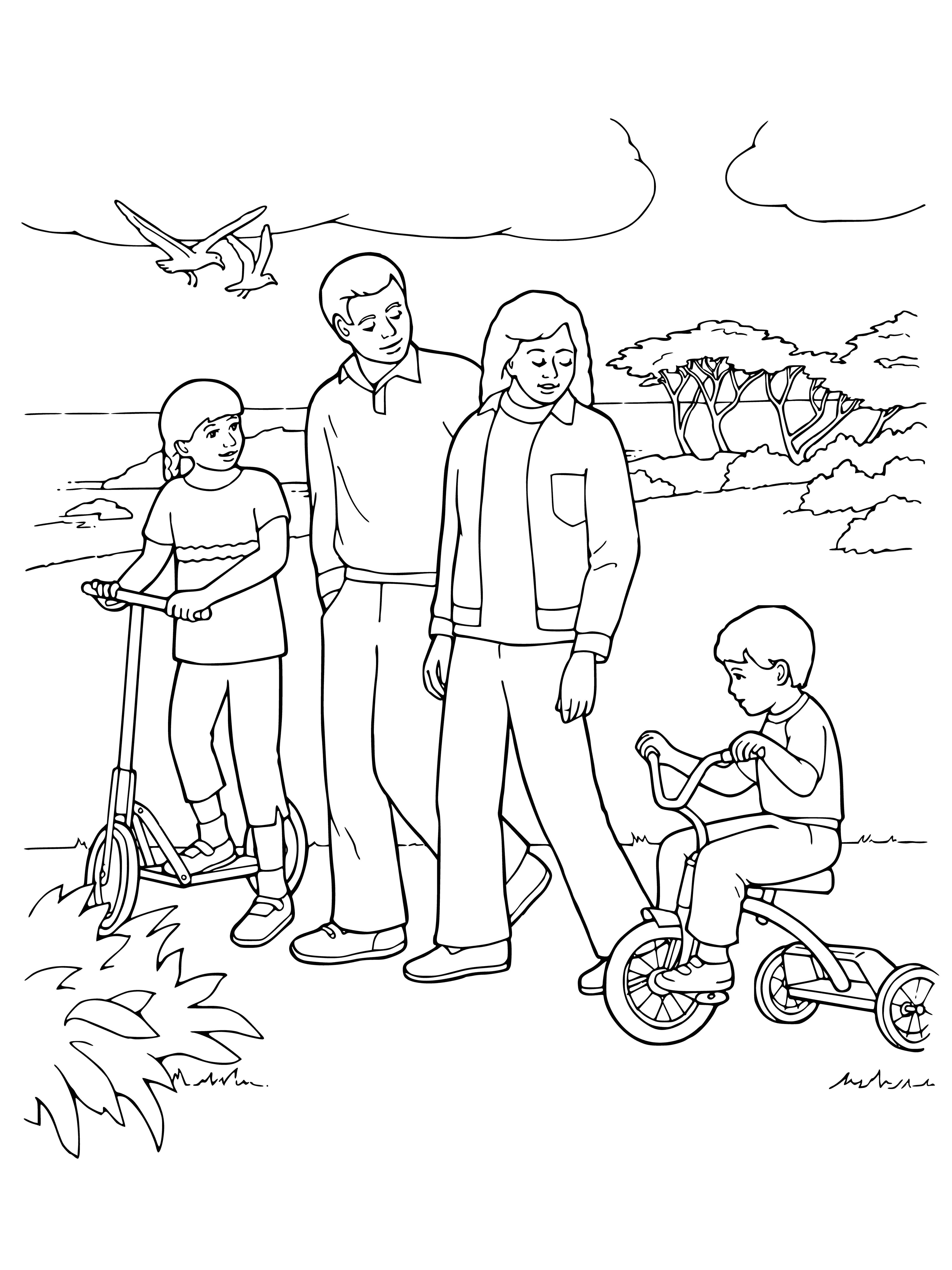 coloring page: People of all ages walking in park, smiling & enjoying each other's company. Parks have trees, pond & playground in background.