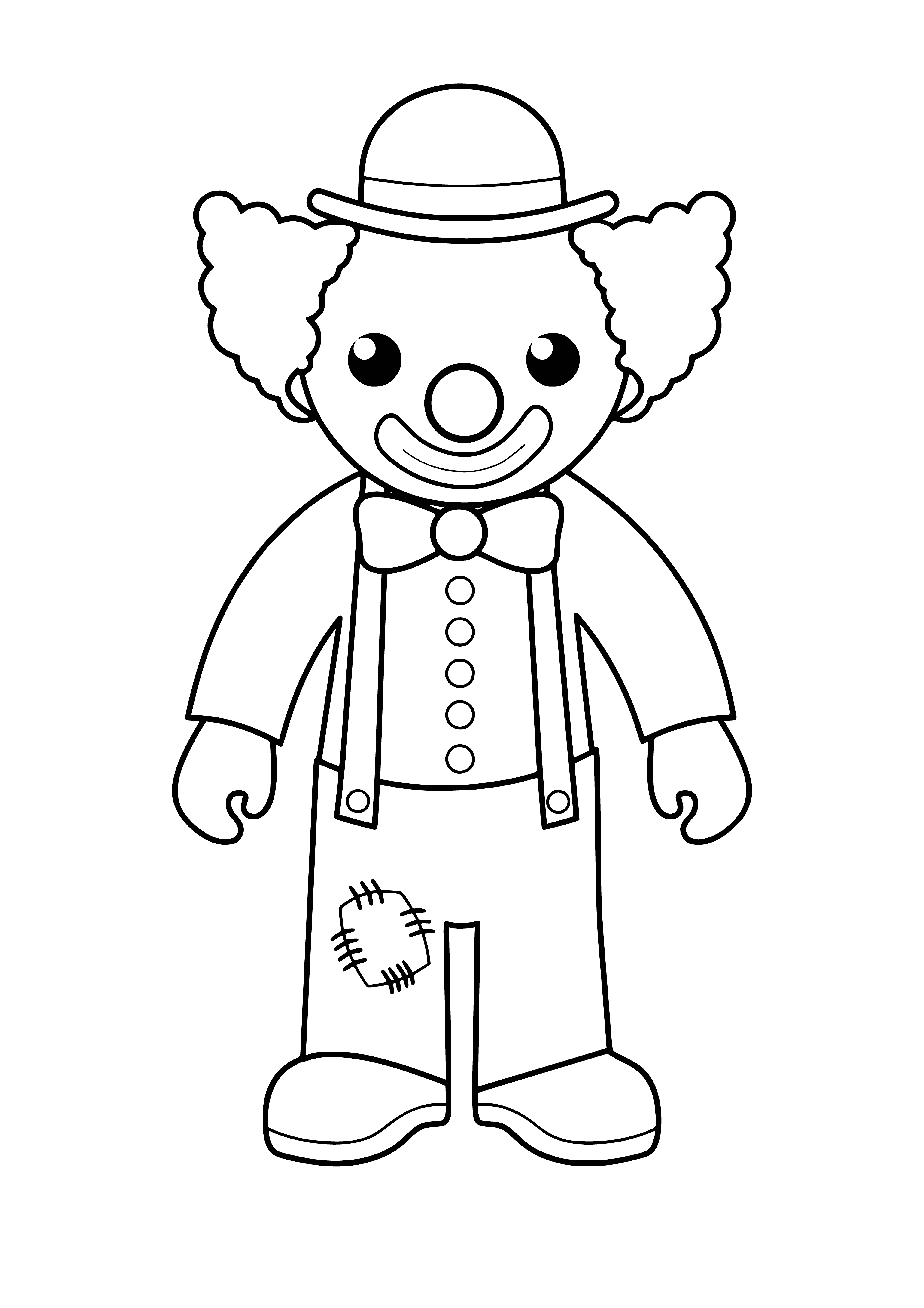 coloring page: Clown grins with red nose, colorful costume, holding two balloons outside circus tent.