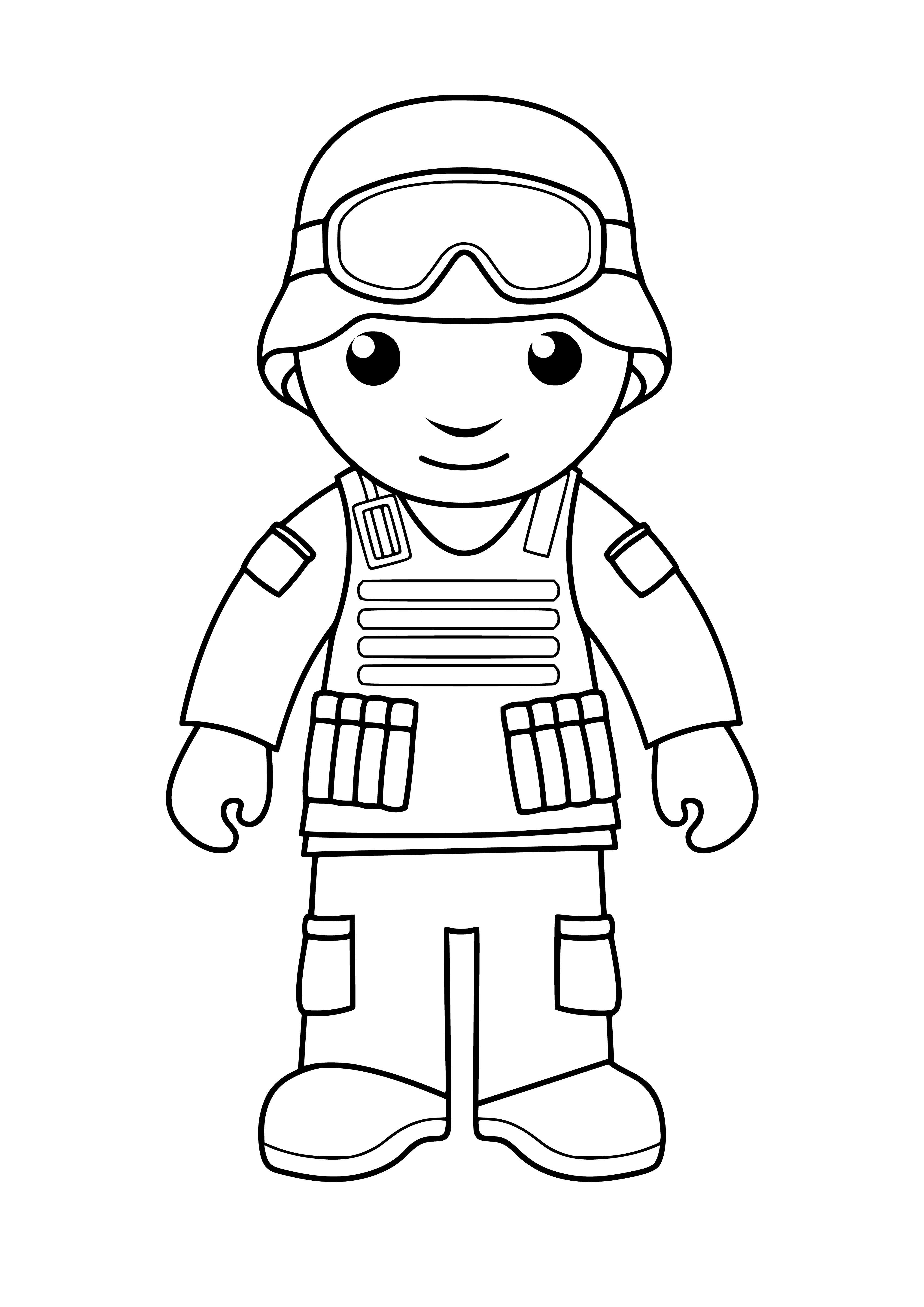 coloring page: Man in military uniform stands at attention, gun strapped to back & helmet on head, ready to fight.