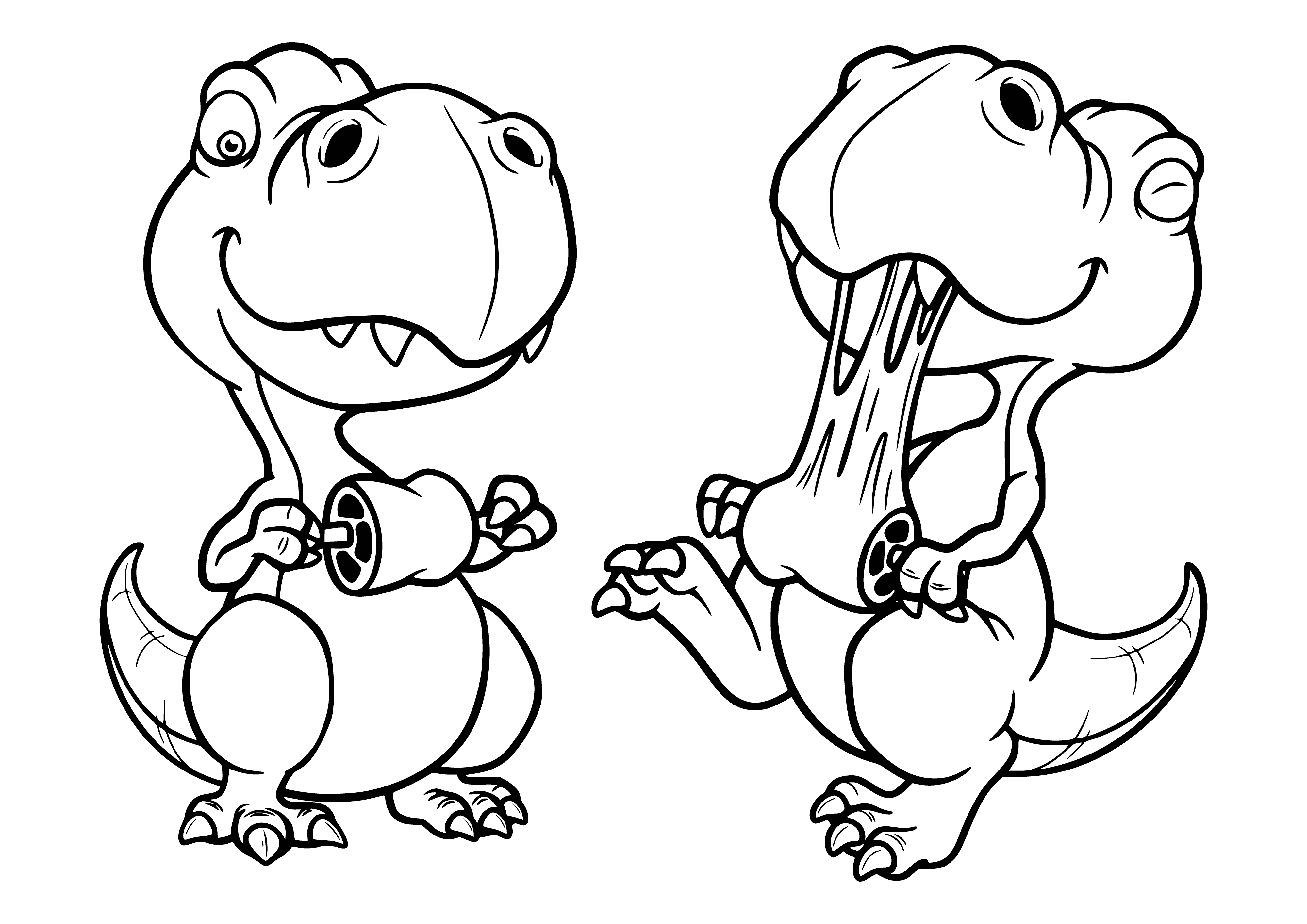 coloring page: Two large, green & yellow-spotted dinosaurs eating in a forest: one eating leaves, the other a smaller dinosaur.