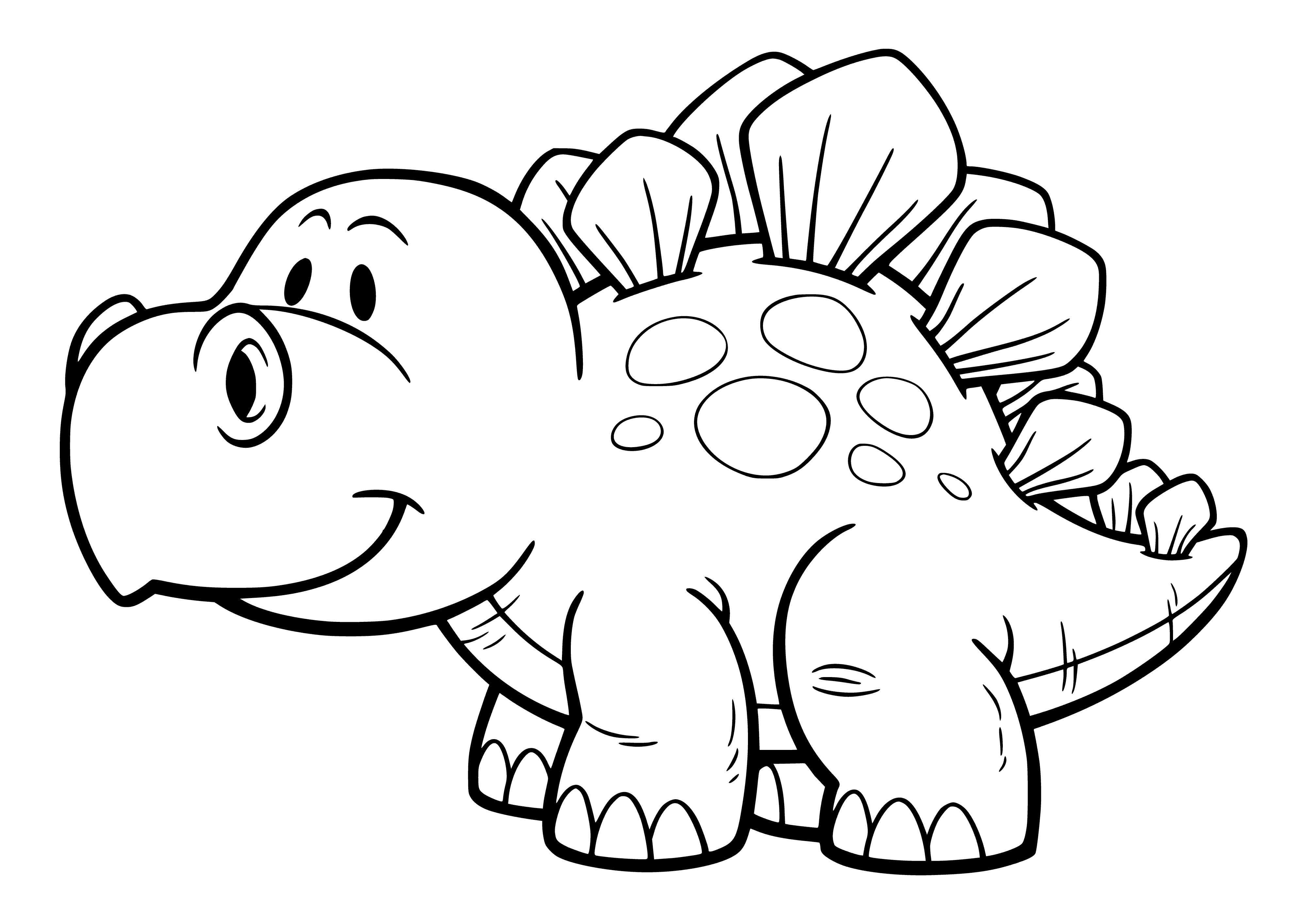 coloring page: A baby stegosaurus crawls on the ground, has a long curved neck, small head, body of bumps, & a long thin tail.