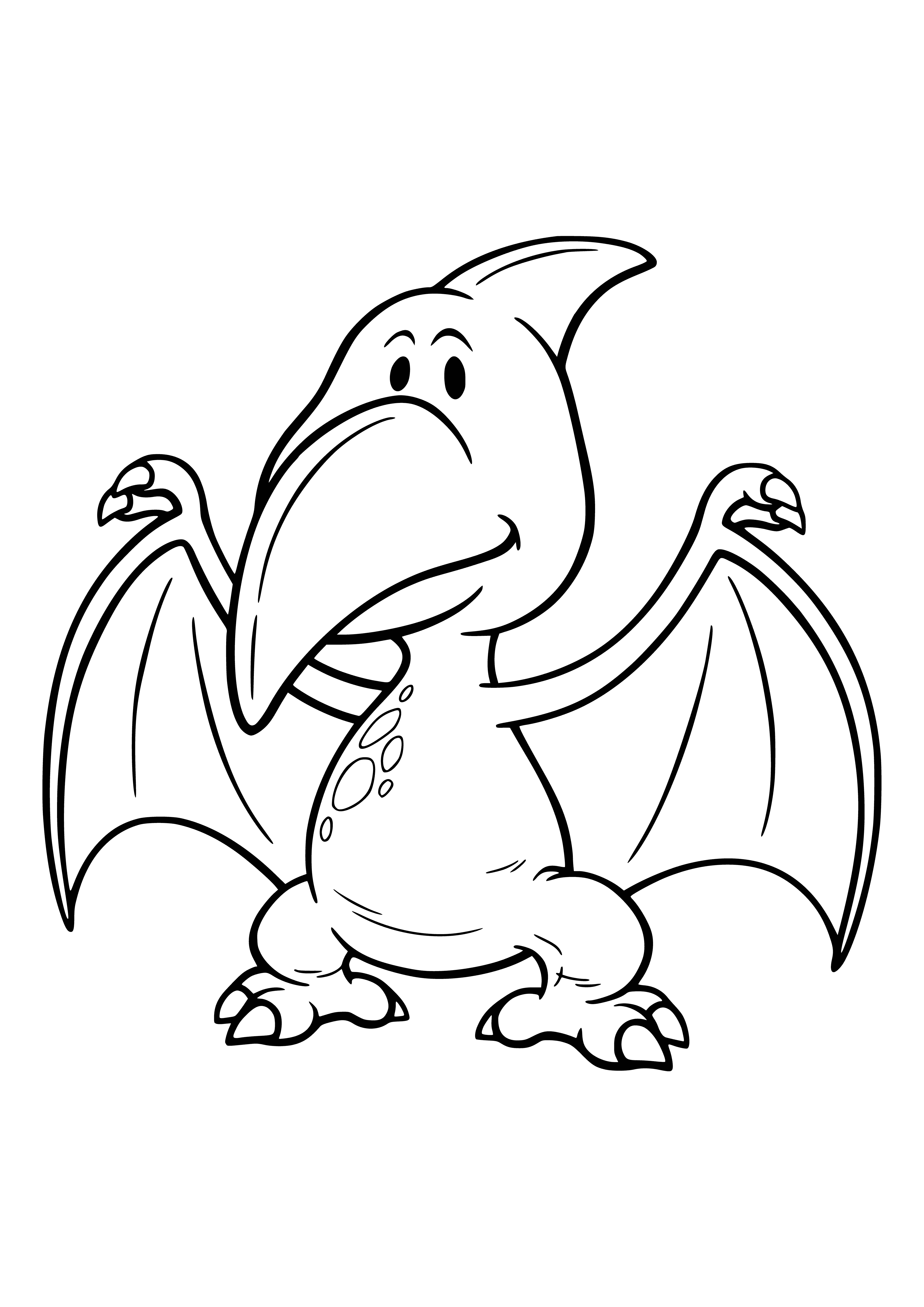 coloring page: Small, brown baby pterodactyl perched on rock: large, webbed wings, long tail, thin beak, small eyes.