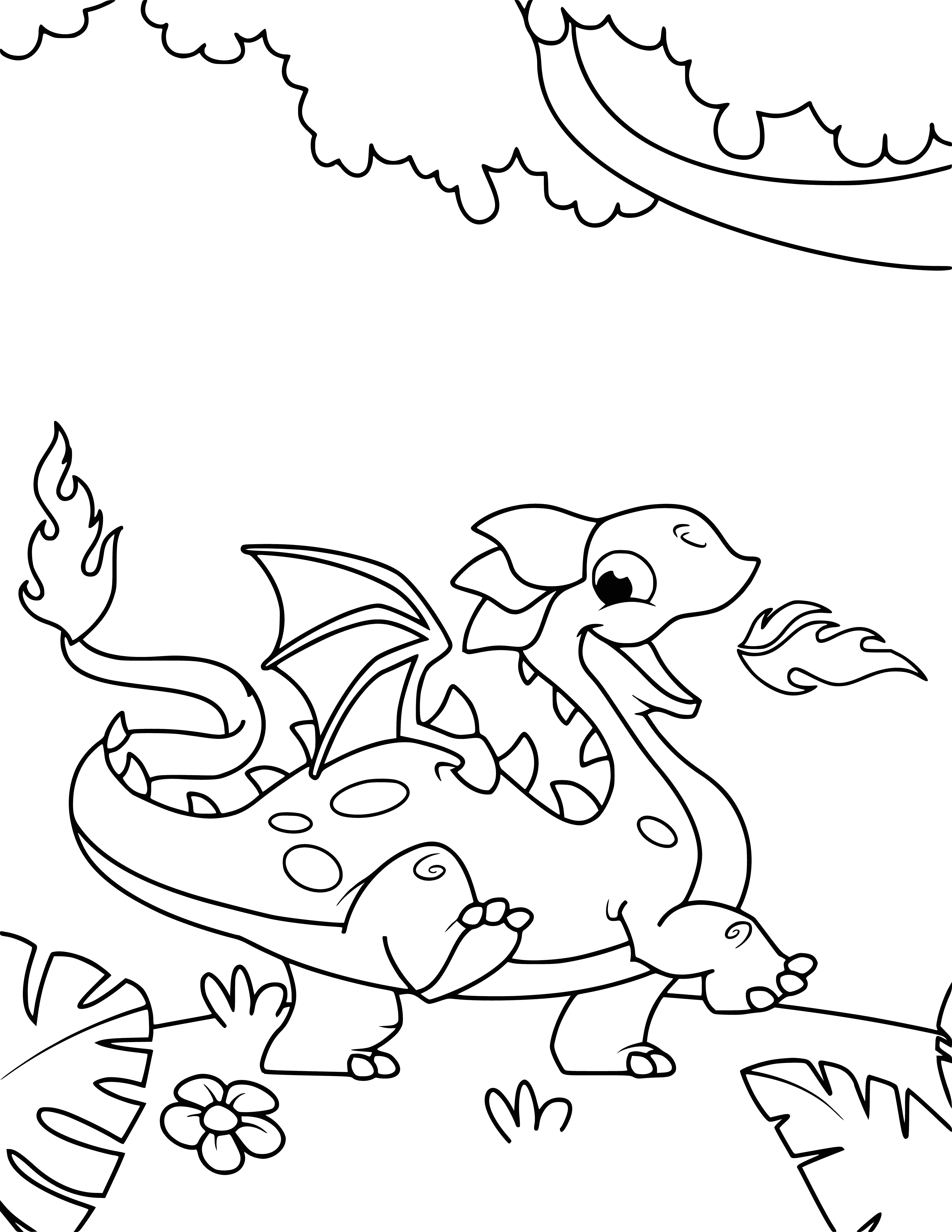 coloring page: Cheerful dragon sits on rock, deep green scales, light yellow belly, long neck curved and head tilted back, wings spread out and long tail wrapped around body.