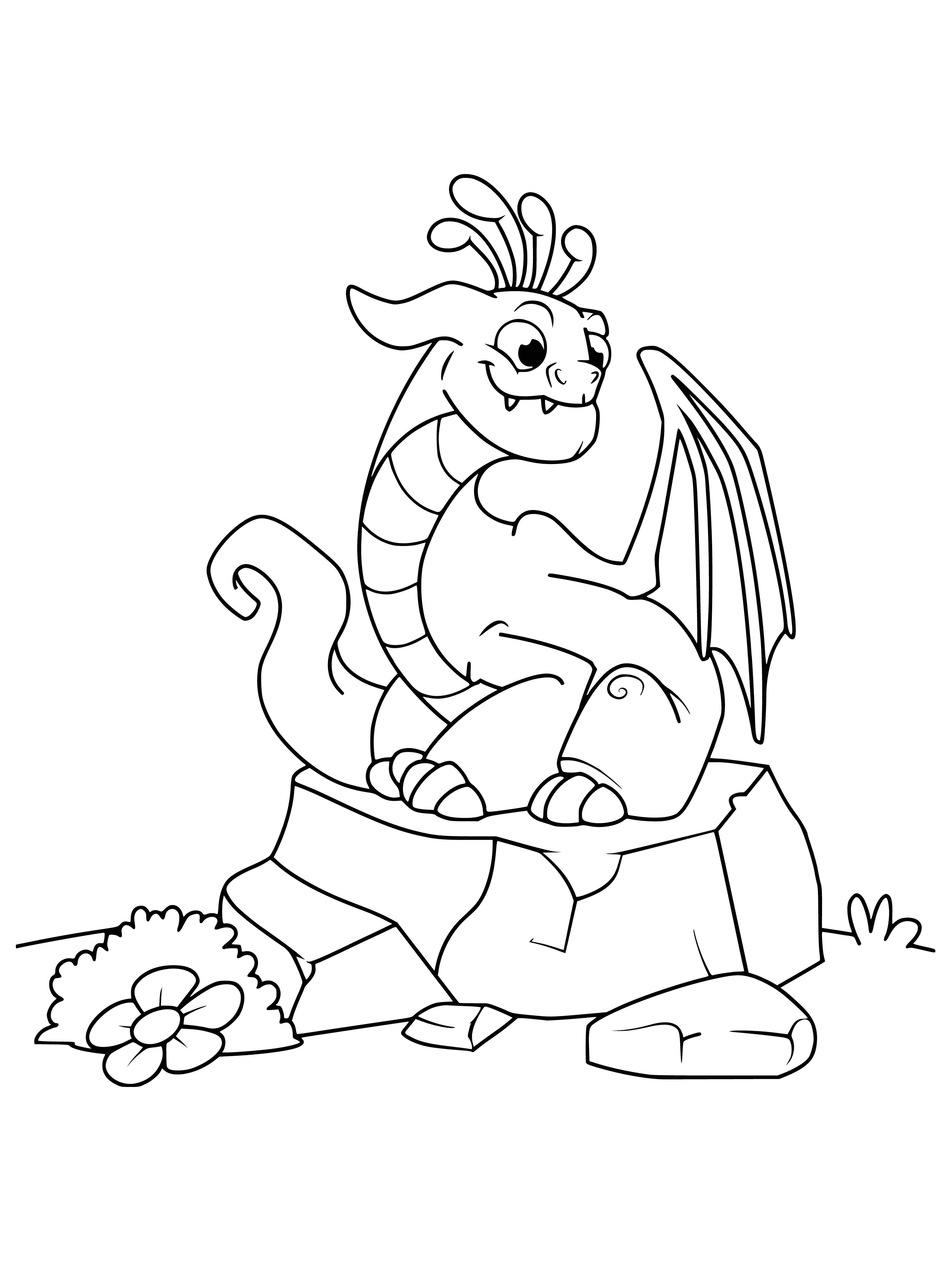 coloring page: A fierce dragon, with thick skin and sharp claws, billowing smoke from its nostrils, eyes glowing red and mouth open revealing sharp teeth, perches atop a stone pedestal.